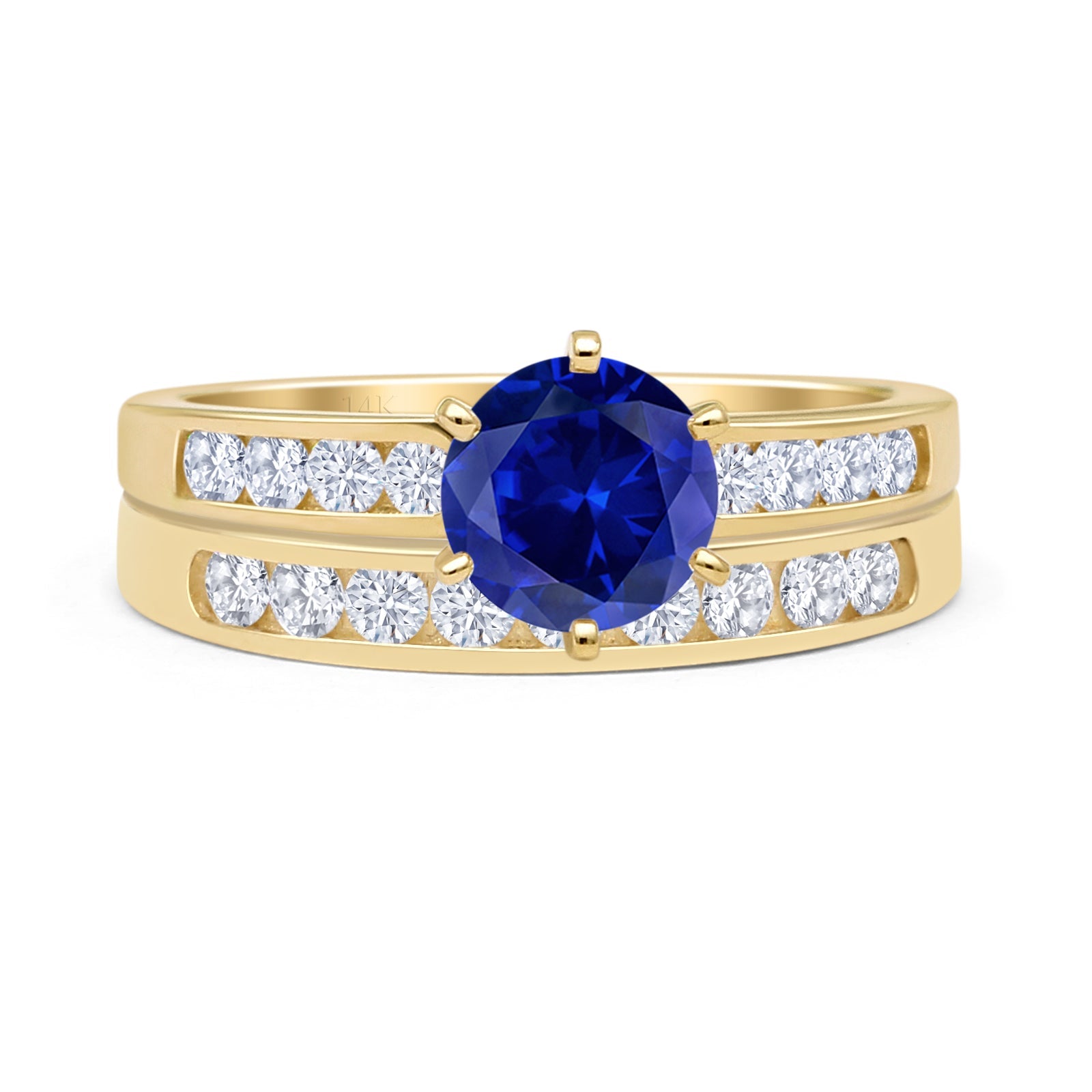 14K Yellow Gold Two Piece Half Eternity Round Blue Sapphire & CZ Cathedral Wedding Ring Set - Elegant Bridal Jewelry for Engagement, Anniversary and Special Occasions