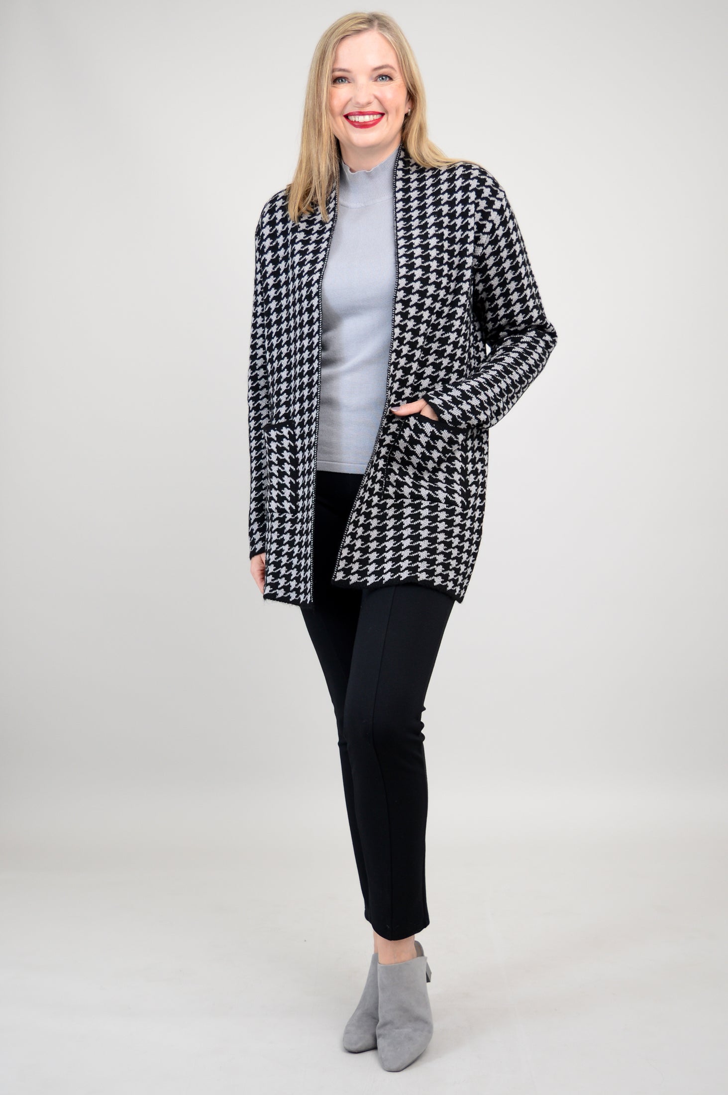 Dakota Cardigan Women's Houndstooth Pattern Cotton Wool Blend Knit Sweater for Fall & Winter - Cozy Office Wear & Casual Outfits