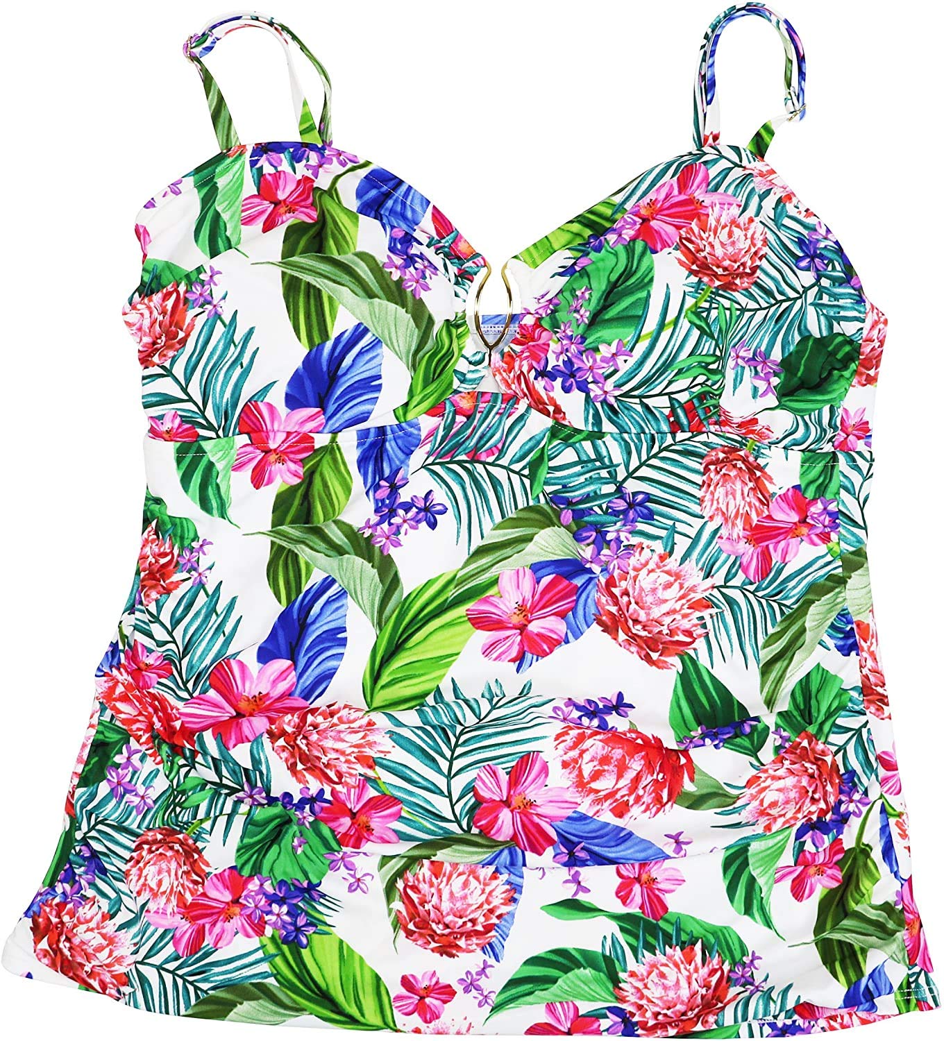 Swim Solutions Tropical Floral Print Tankini Top - Women's Swimwear (White, Size 18) | Perfect for Beach Vacations & Pool Parties