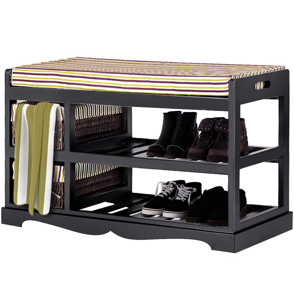 Giantex Shoe Storage Bench with Upholstered Seat, 2 Baskets & Shelf - Entryway Organizer for Shoes, Hats & Accessories - Perfect for Bedroom, Living Room & Hallway (Black)