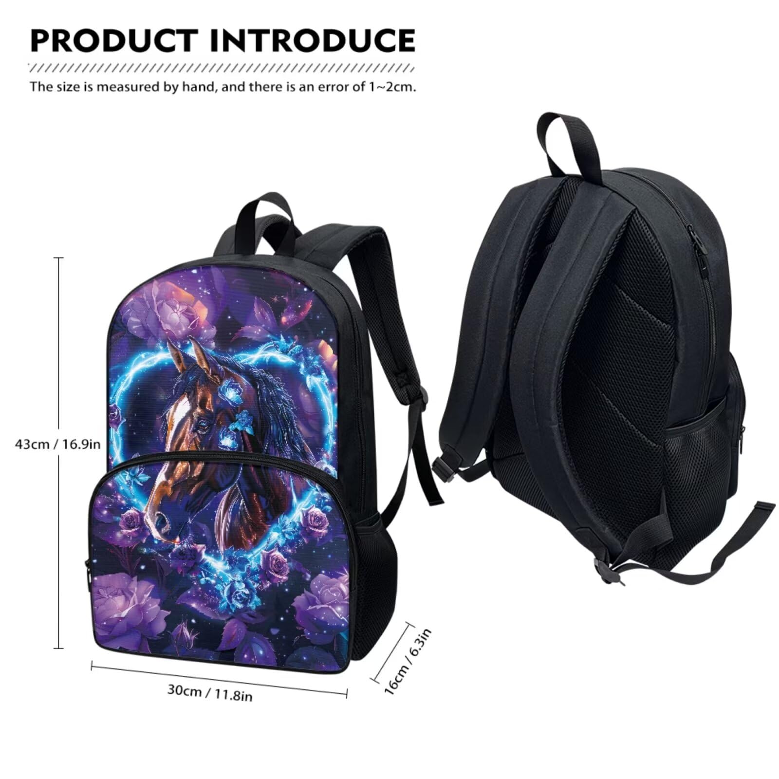 Floral Print 3-in-1 Backpack Set for Teen Girls - Horse Design School Backpack with Lunch Bag & Pencil Case, Durable Laptop Bookbag for High School & College | Perfect for Class, Travel & Outdoor Activities