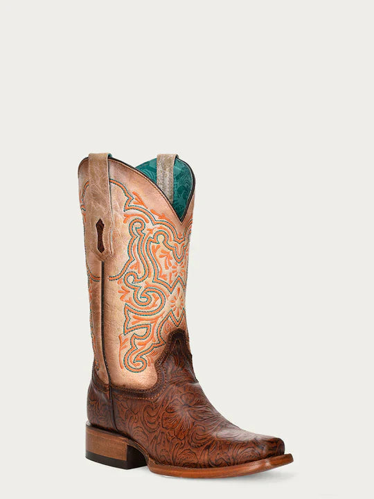 Z5126 Women's Embroidered Brown Vamp Square Toe Cowboy Boots - Western Fashion, Country Style, Rodeo & Casual Wear