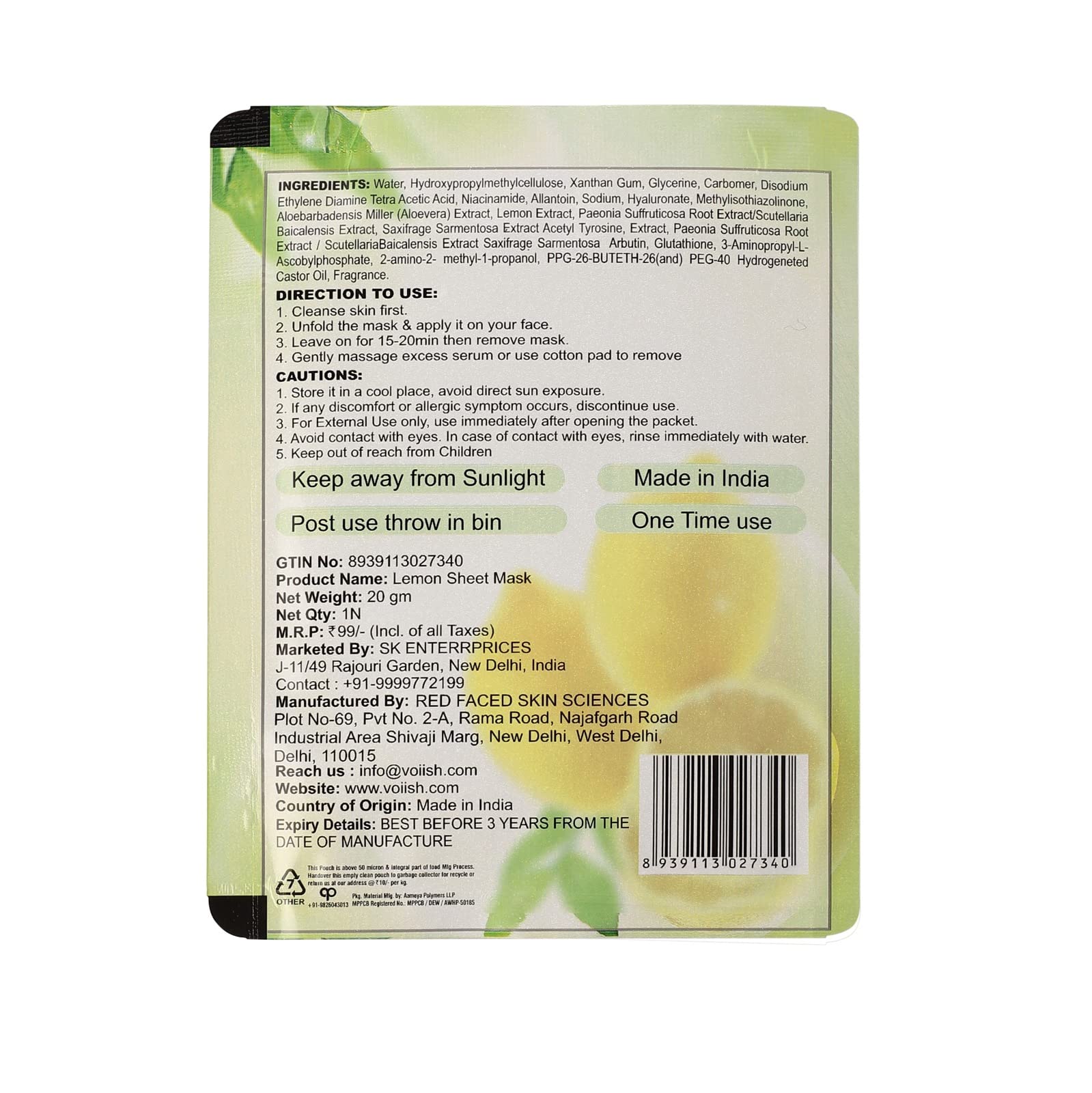 VOIISH Refreshing Deep Cleansing & Exfoliating Face Mask - Anti Dark Spots Treatment for Clear & Glowing Skin - Brightening Lemon Facial Mask (Pack of 6) | Perfect for Daily Skincare Routine & Spa Night at Home
