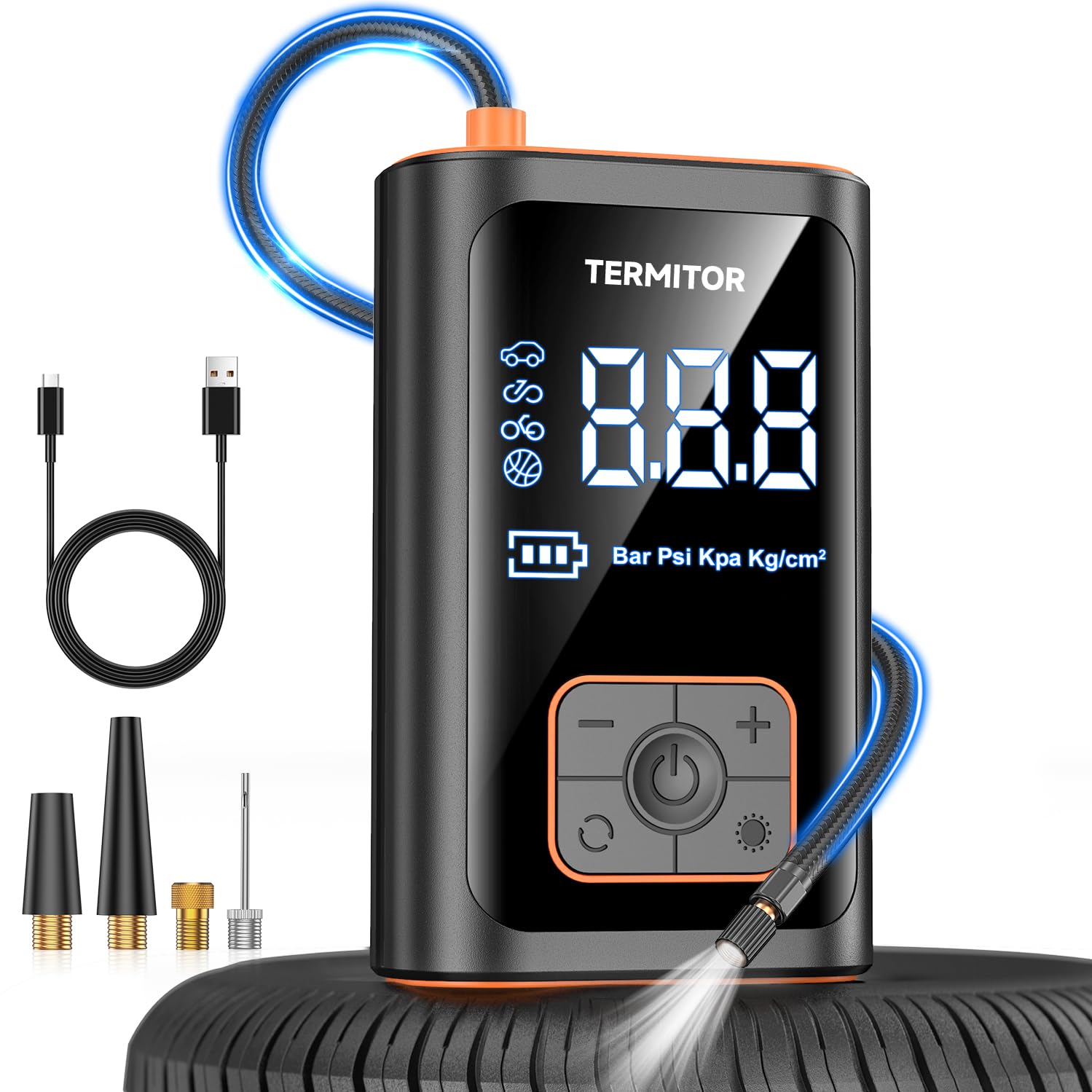 Portable Air Compressor 150PSI - Cordless Tire Inflator for Car, Bike, Motorcycle, Sports Balls - Digital Pressure Gauge & Emergency LED Light - Perfect for Road Trips, Camping and Emergency Tire Inflation