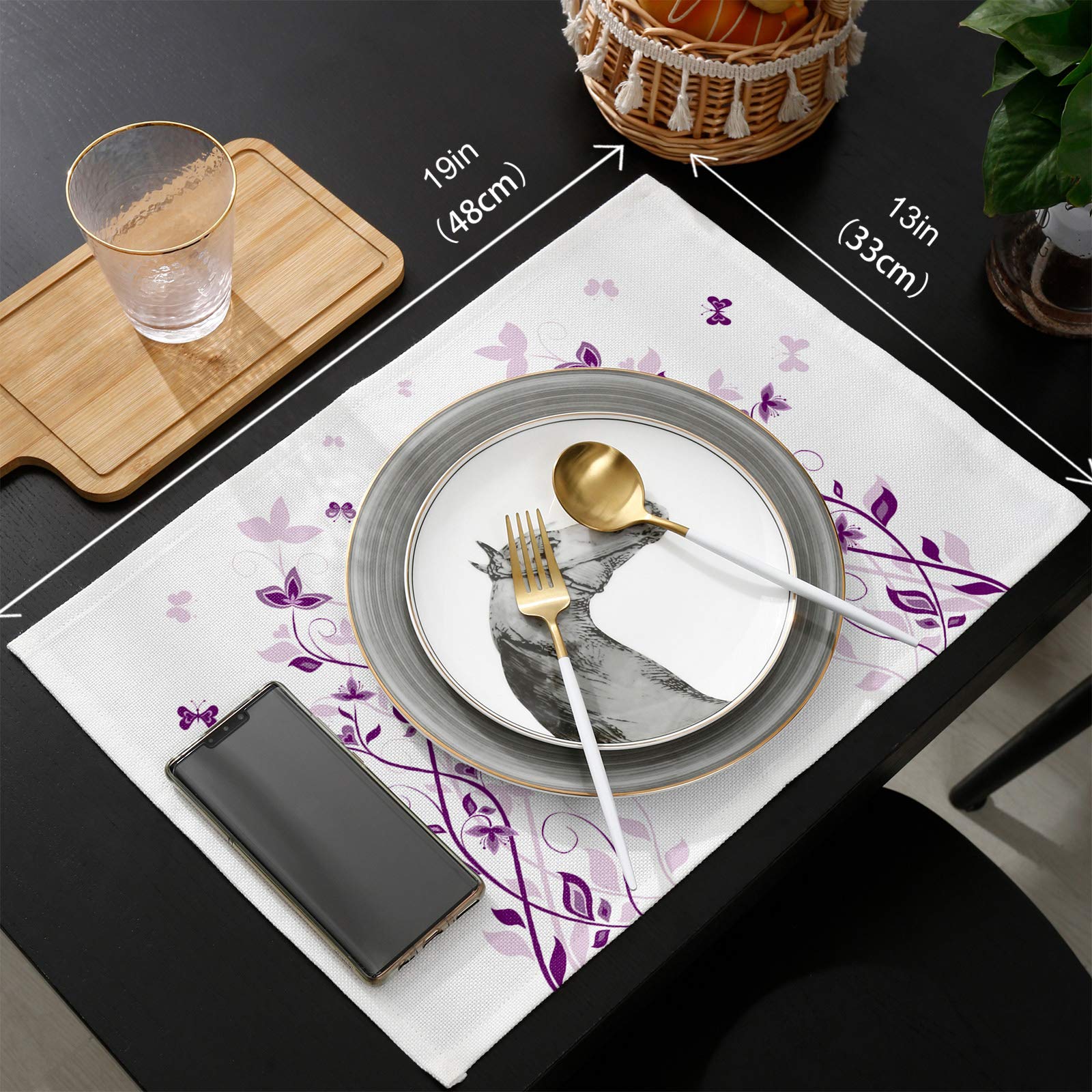 4-Pack Nature Violet Flower Butterfly Insect Cotton Linen Placemats - Heat Resistant, Non-Slip & Washable Table Mats for Dining Table, Kitchen Decor, Holiday Banquets & Everyday Use