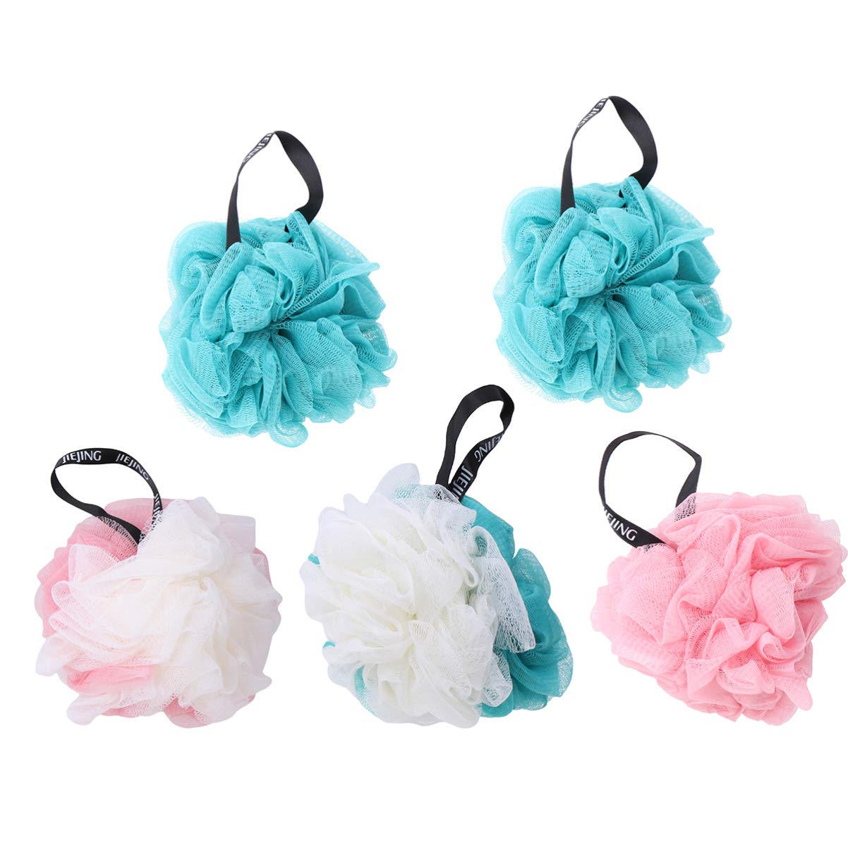 Healifty 5PCS Exfoliating Bath Sponge Balls - Soft Loofah Body Scrubber for Shower, Bath & Swimming | Gentle Skin Cleansing & Exfoliation | Perfect for Spa, Gym & Travel (White Pink + White Blue)