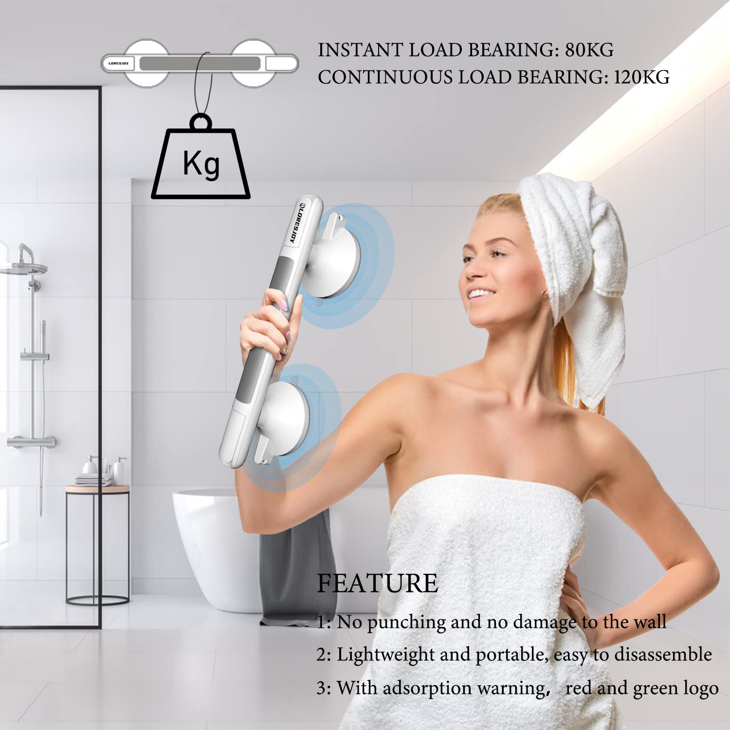 **Non-Slip Suction Shower Grab Bars for Elderly & Seniors - Bathtub Safety Handles with Strong Suction, No Drilling, Waterproof - Ideal for Bathroom, Shower & Wet Areas**