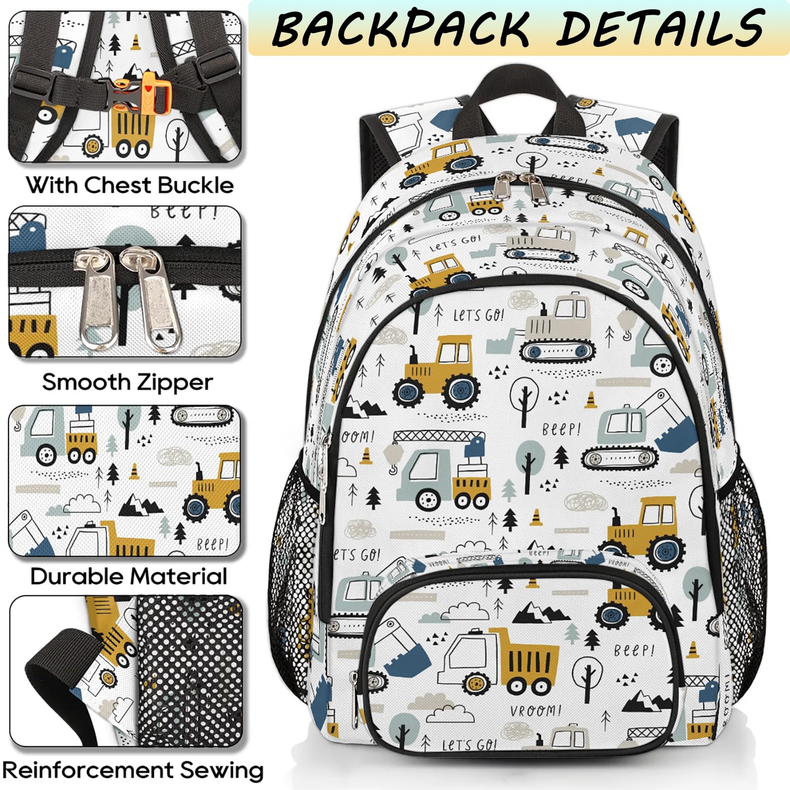 Boys Construction Themed Backpack - 18 Inch Waterproof School Bookbag for Kids, Lightweight Travel Backpack for Trucks, Tractors & Excavators Lovers | Perfect for Elementary School, Day Trips & Outdoor Adventures