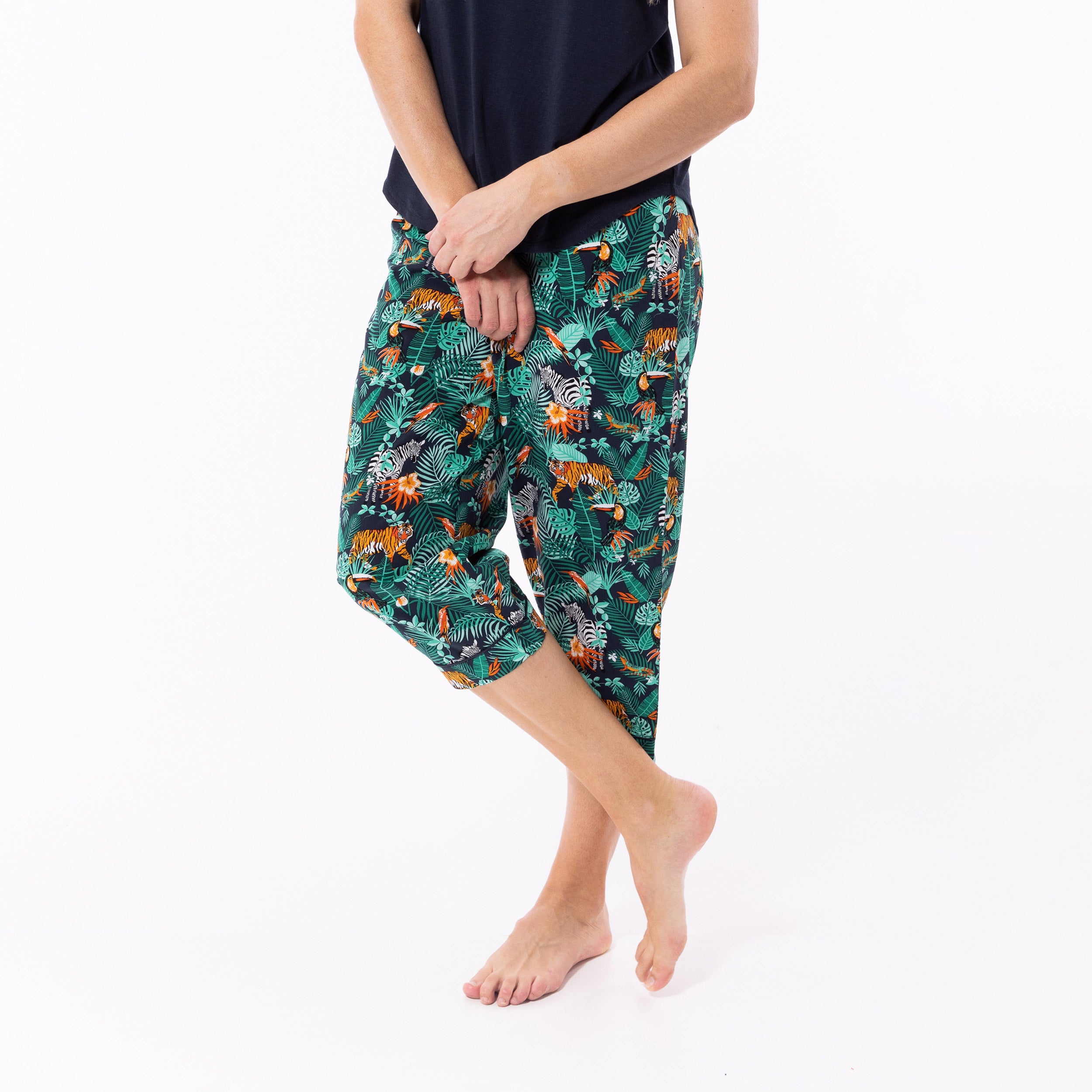 Women's Dark Jungle Print Woven Pants and Knit Tee Pajama Set - Navy Blue Sleepwear for Lounge & Comfortable Nightwear