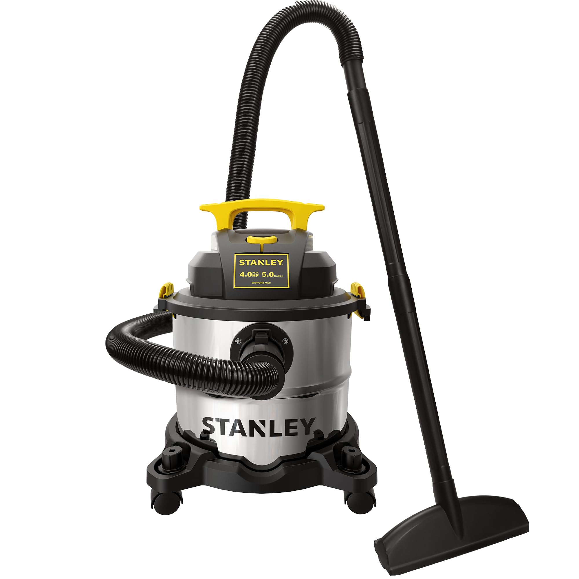 STANLEY SL18115 5-Gallon 4HP Wet/Dry Vacuum Cleaner with Stainless Steel Tank - Portable Shop Vac for Home, Workshop & Jobsite - Includes Vacuum Attachments for Dust Collection (Silver & Yellow) - Perfect for Garage Cleaning, Construction Debris & DIY Projects