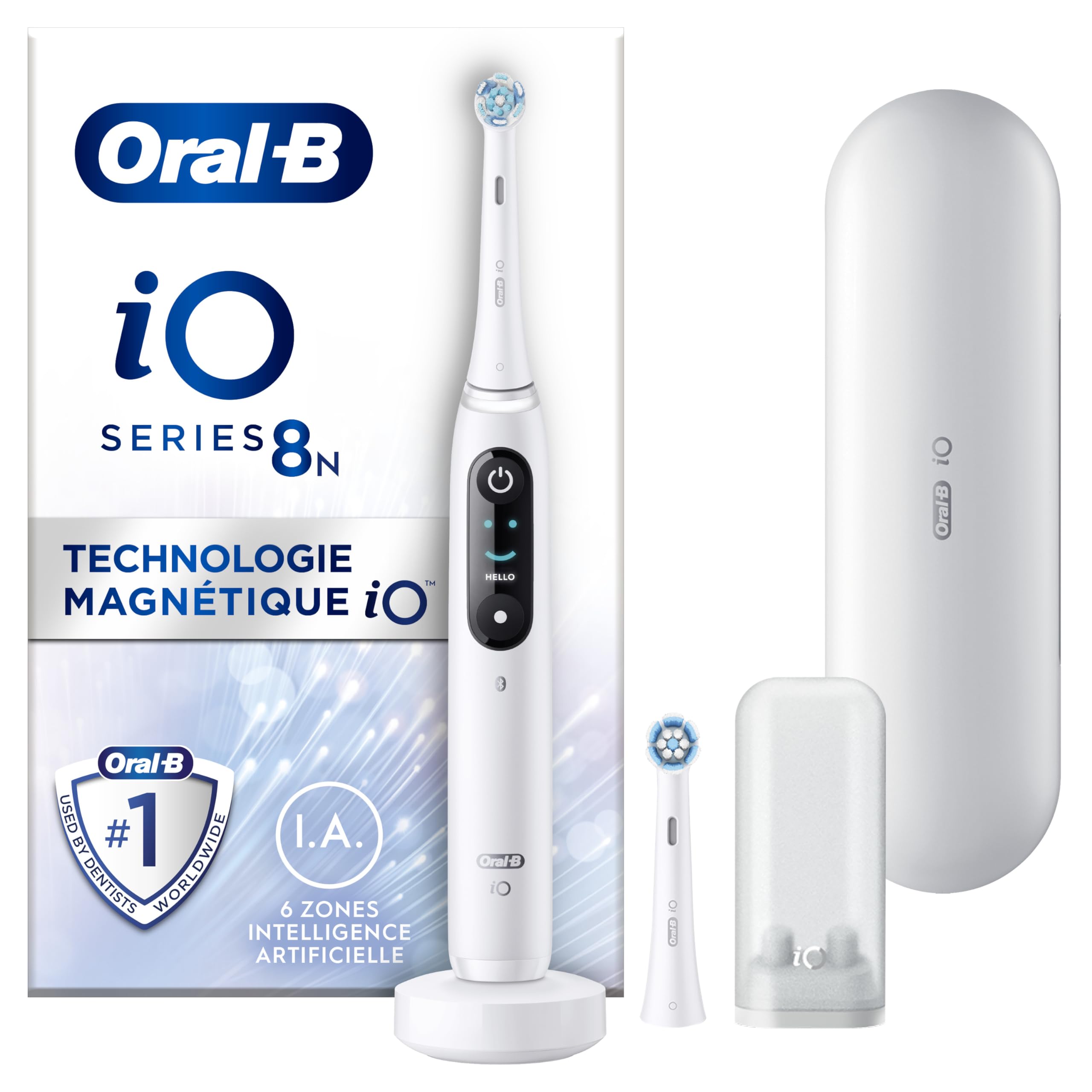 Oral-B iO 8N Bluetooth Electric Toothbrush - White with 2 Brush Heads & Travel Case (4-Piece Set) | Smart Toothbrush with App Connectivity for Personalized Cleaning | Perfect for Home & Travel Oral Care