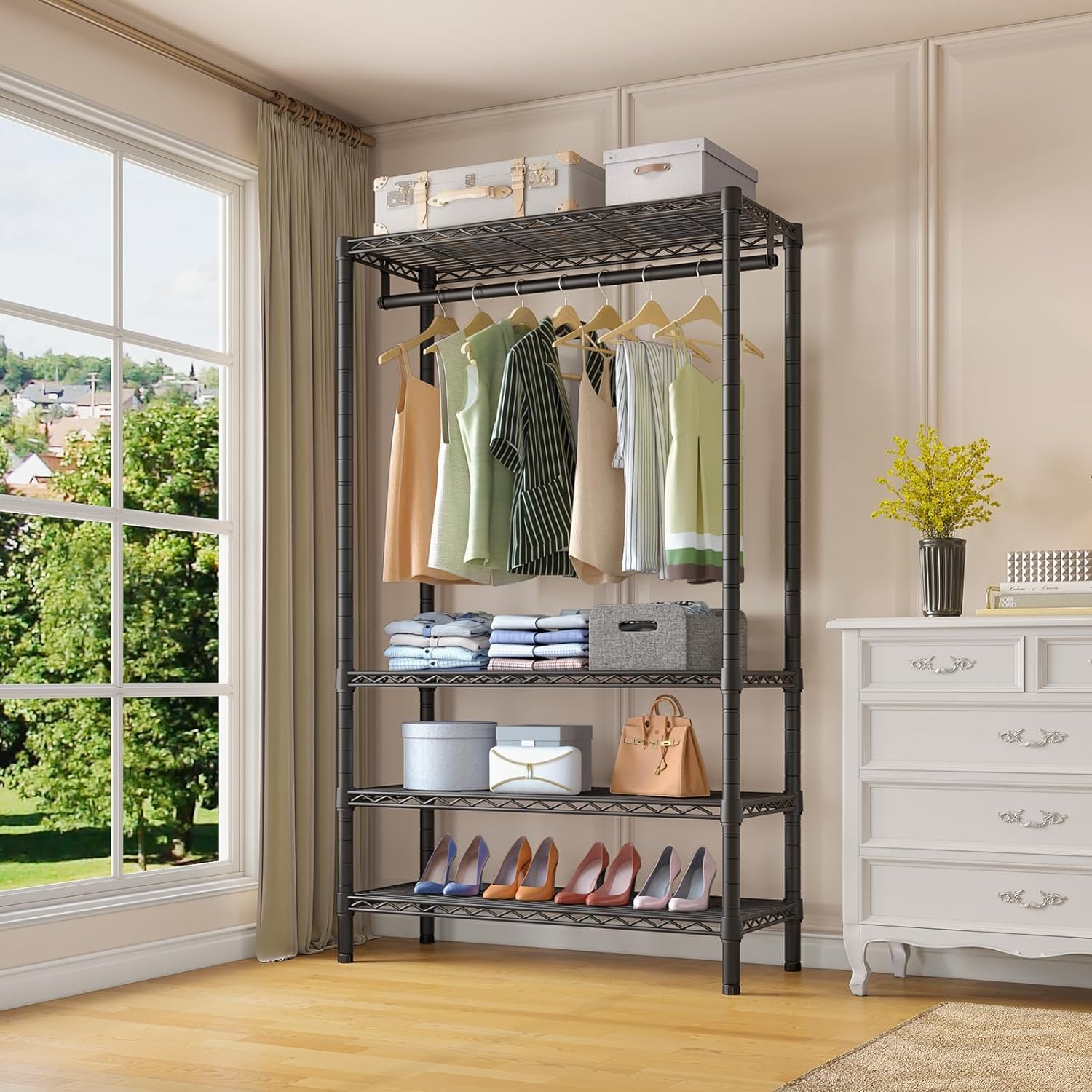 MONKLE Floor Standing Clothes Rack with Shelves, 90 x 43.5 x 180 cm, 150 kg Capacity (Black) - Perfect for Bedroom, Closet Organization & Laundry Room Storage