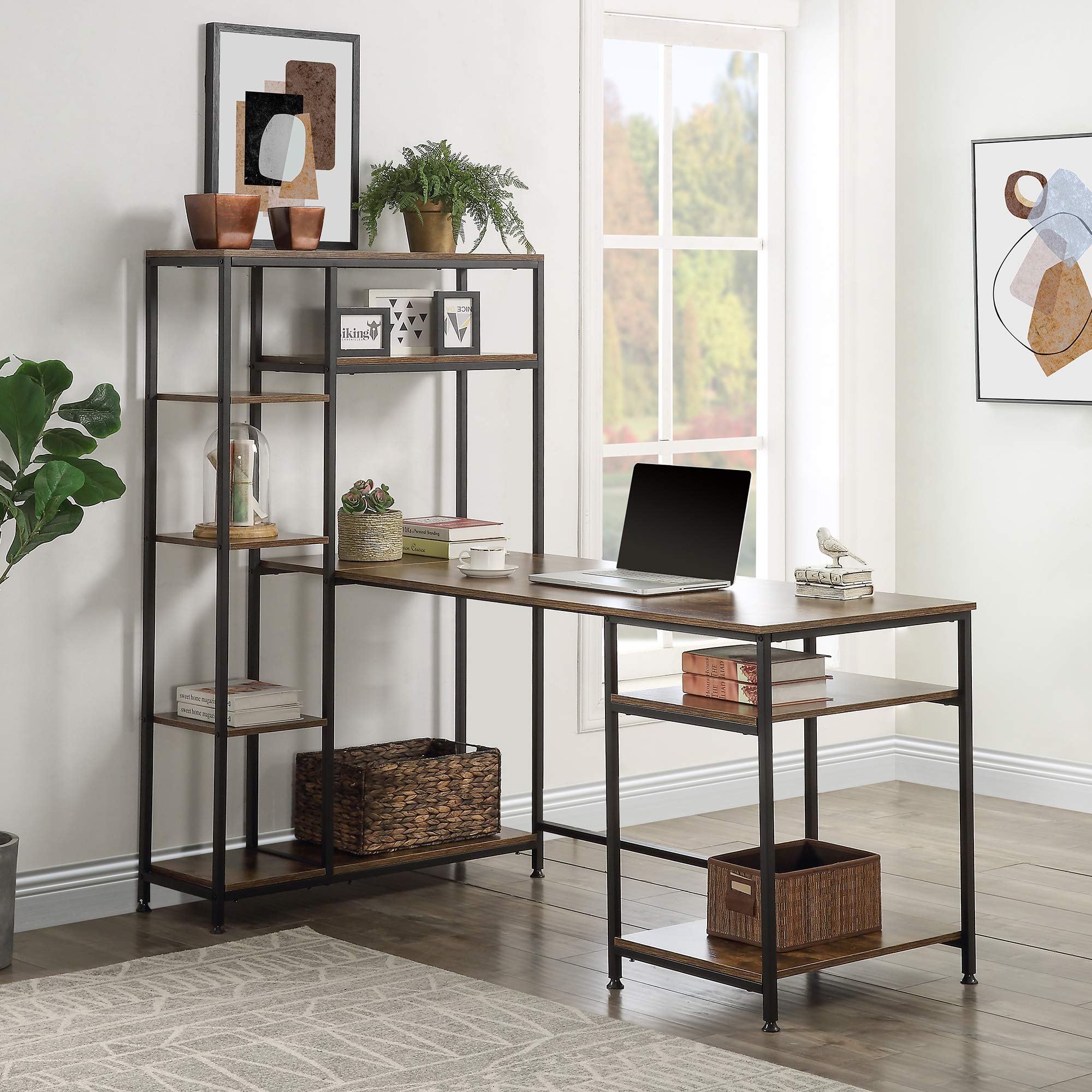 Modern Large Writing Computer Desk with Multiple Storage Shelves - Home Office Desk with Host Stand, Brown | Perfect for Remote Work, Study & Gaming Setup