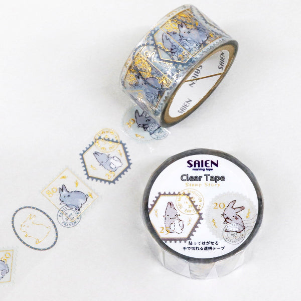 Bunny Stamp Story Clear Tape - Adhesive Decorative Washi Tape for Scrapbooking, Journaling, DIY Crafts, and Gift Wrapping