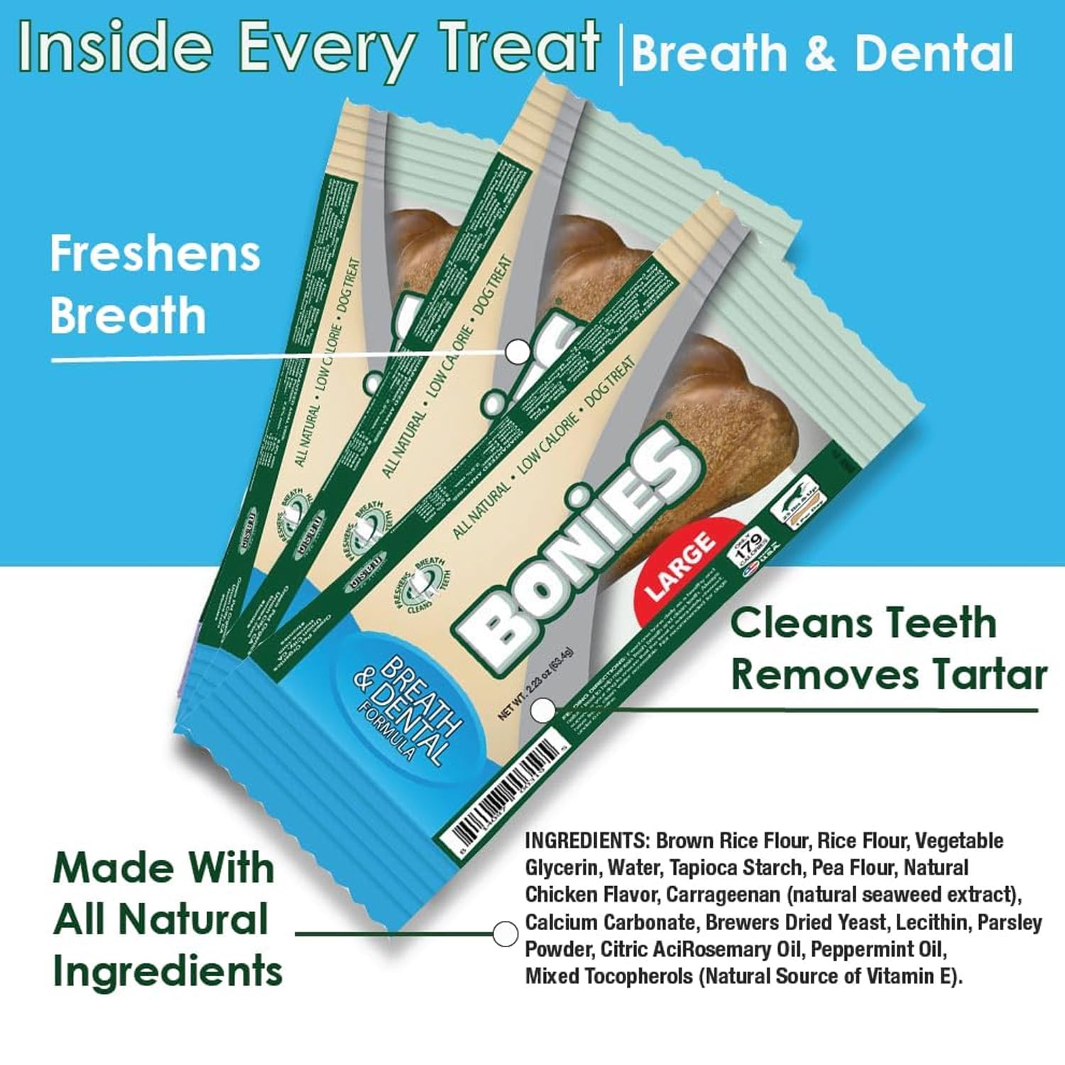 Bonies Natural Breath and Dental Formula Large-Sized Single Bone - All-Natural Ingredients for Fresh Breath & Teeth Cleaning | Low-Calorie Chicken Flavor Dog Treat | Perfect for Dental Care & Chewing Fun at Home or Travel