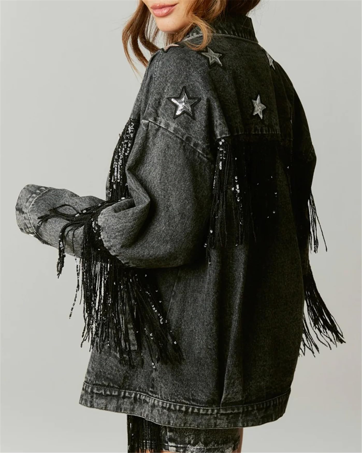 Women's Oversized Boyfriend Denim Jacket - Long Sleeve Distressed Fringe Jean Coat for Casual Outfits & Streetwear Fashion | Perfect for Layering, Fall Outfits, and Weekend Brunch Looks