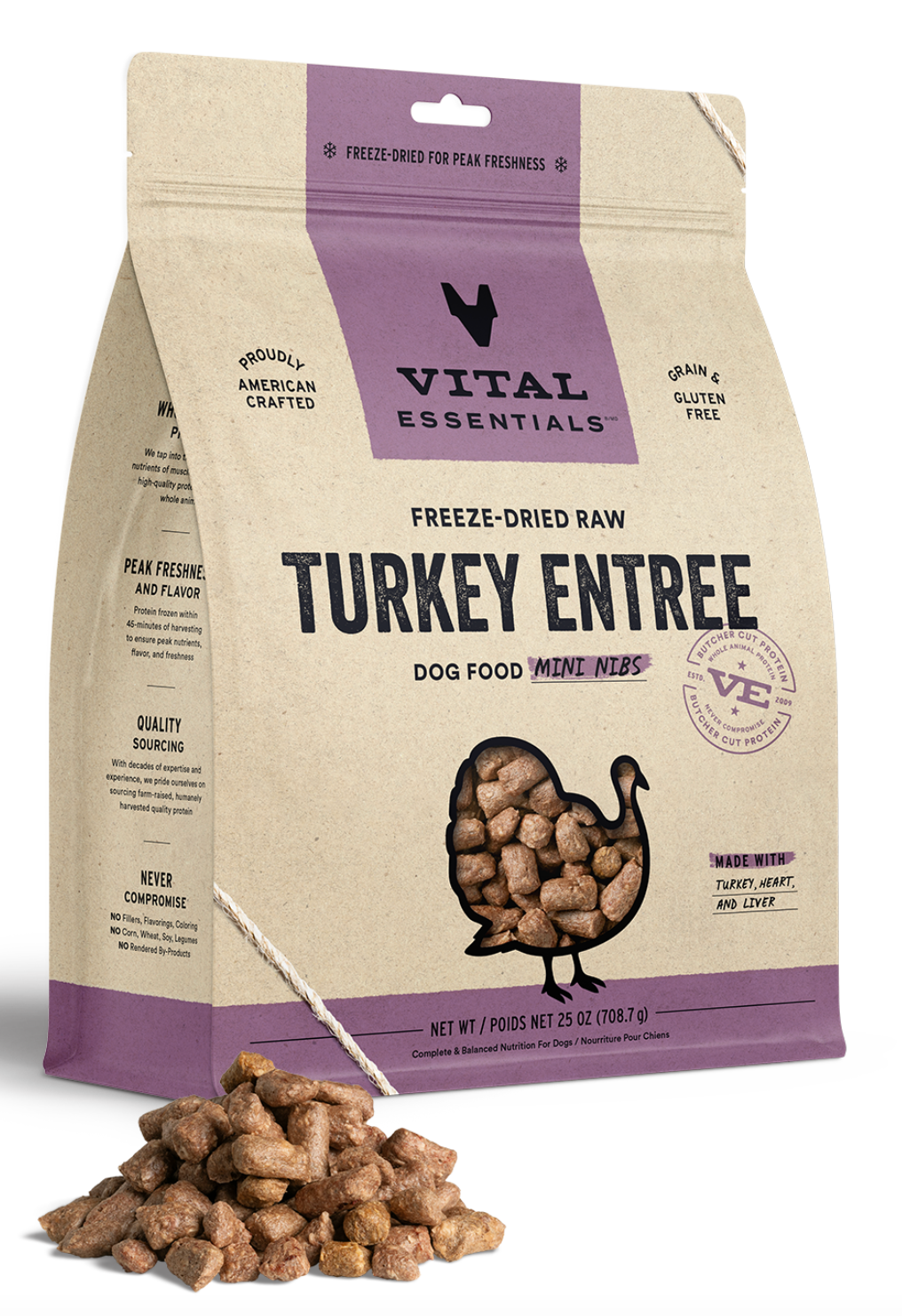 Vital Essentials Freeze-Dried Raw Turkey Mini Nibs Grain-Free Dog Food - High Protein Natural Treats for Small & Medium Dogs, Perfect for Training & Snacking