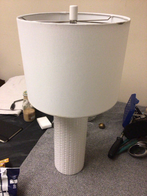 Modern White Ceramic Table Lamp with Fabric Shade - Elegant Home & Office Lighting for Bedroom, Living Room, or Study Desk