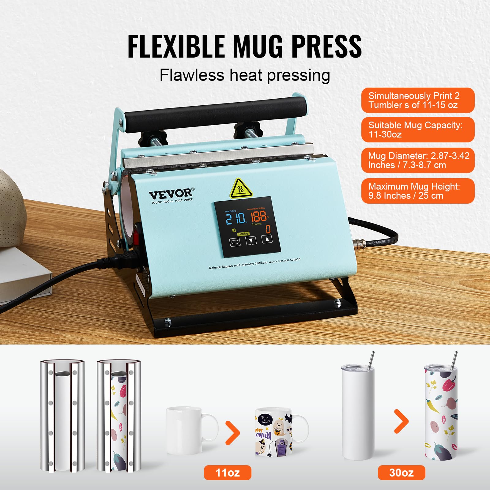 VEVOR 2-in-1 Tumbler & Hat Heat Press Machine for Sublimation - Digital Temperature Control for 11-30oz Mugs & Caps - Perfect for DIY Custom Drinkware & Hat Printing at Home or Small Business