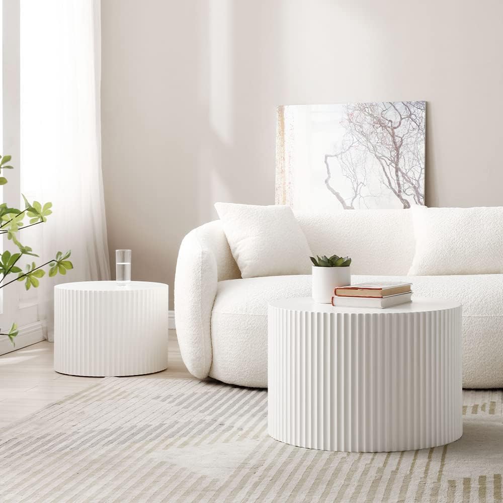 Modern White Round Nesting Coffee Table Set of 2 - Fluted Side Tables with Contemporary Circle Design for Living Room, Office - Perfect for Small Spaces, Coffee Corner & Lounge Areas