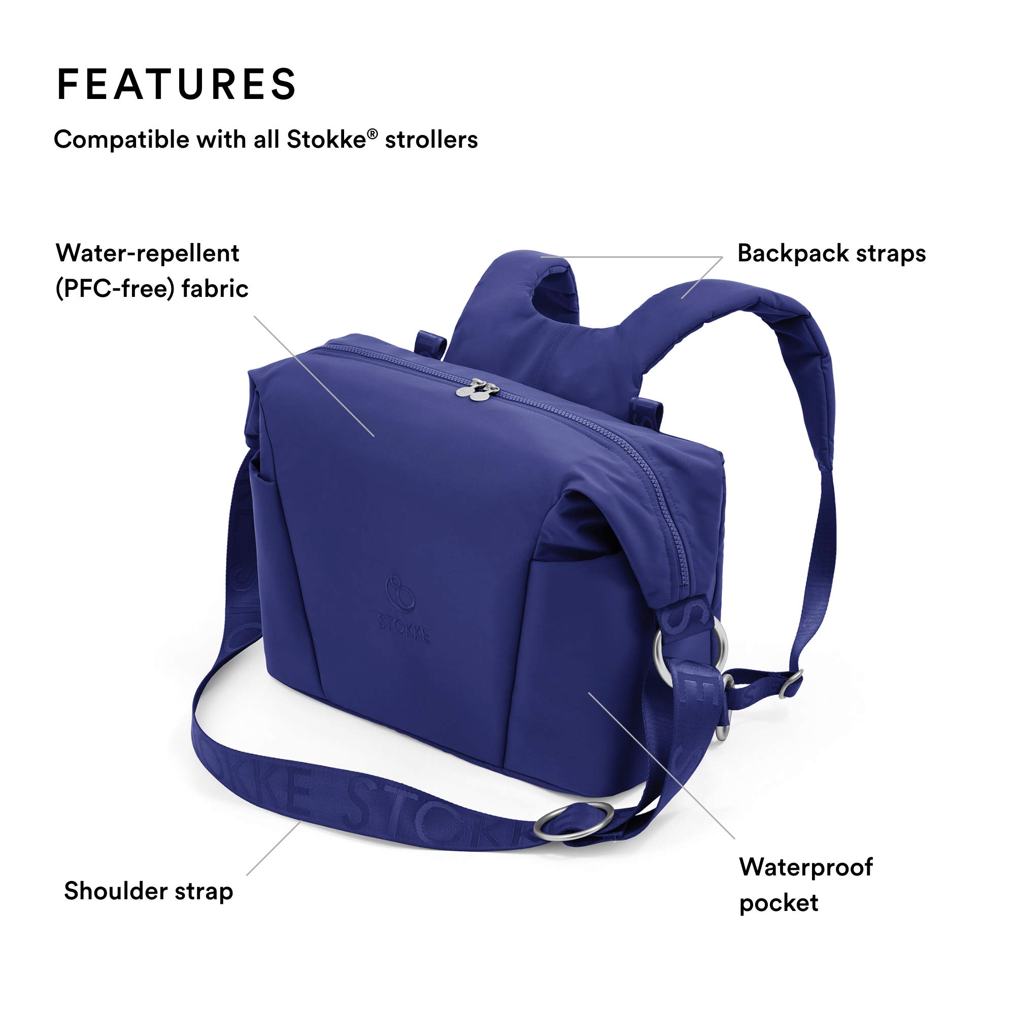 Stokke Xplory X Baby Changing Bag - Royal Blue Diaper Bag with UPF 50+, Water Repellent & Easy to Clean - Convertible Shoulder Bag or Backpack with Foldable Changing Mat - Perfect for Travel, Shopping & Outdoor Activities with Baby