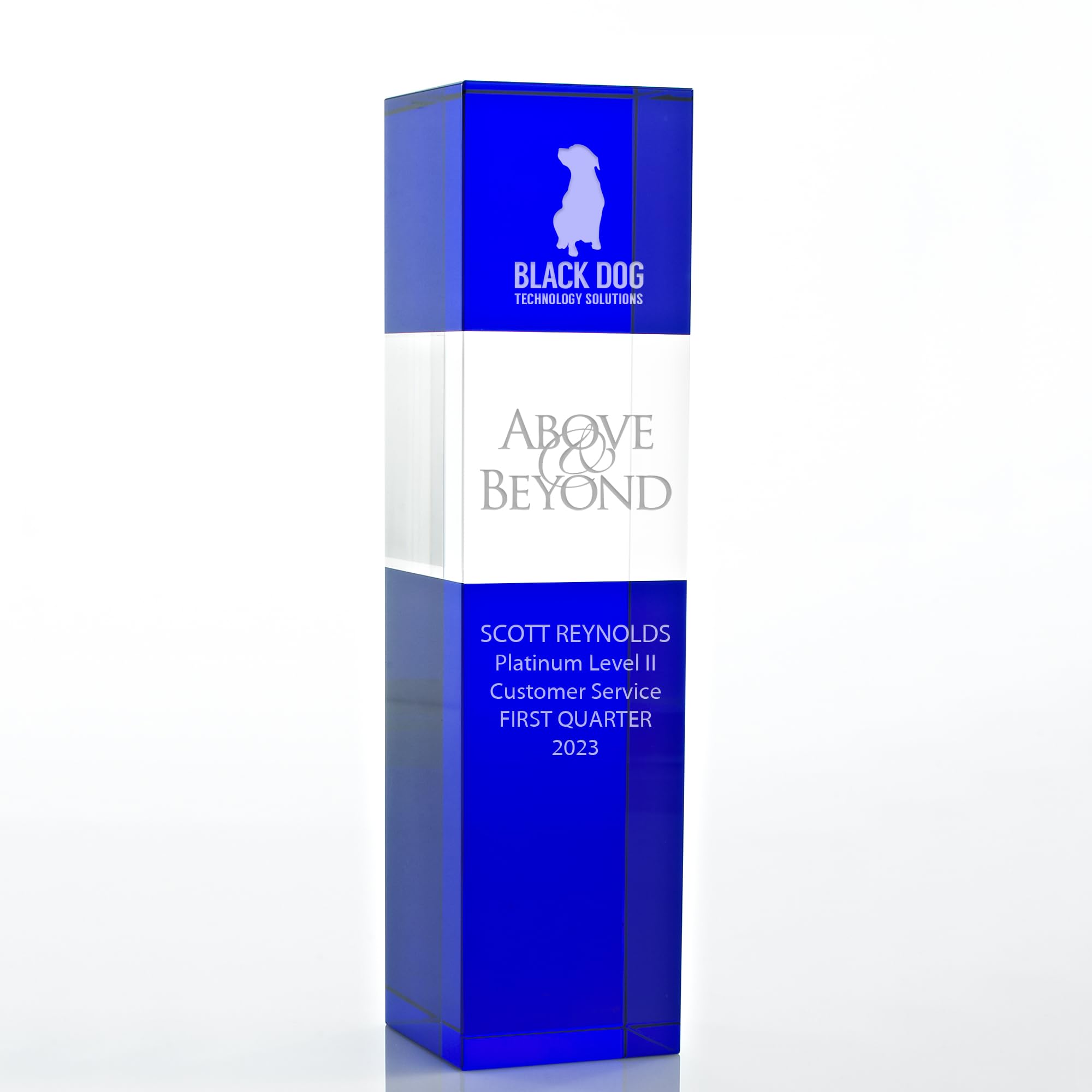 Baudville Engraved Crystal Trophy with Blue Base - Custom Employee Award with Personalized Engraving - Elegant Gift Box Included - Perfect for Recognition Ceremonies & Corporate Awards