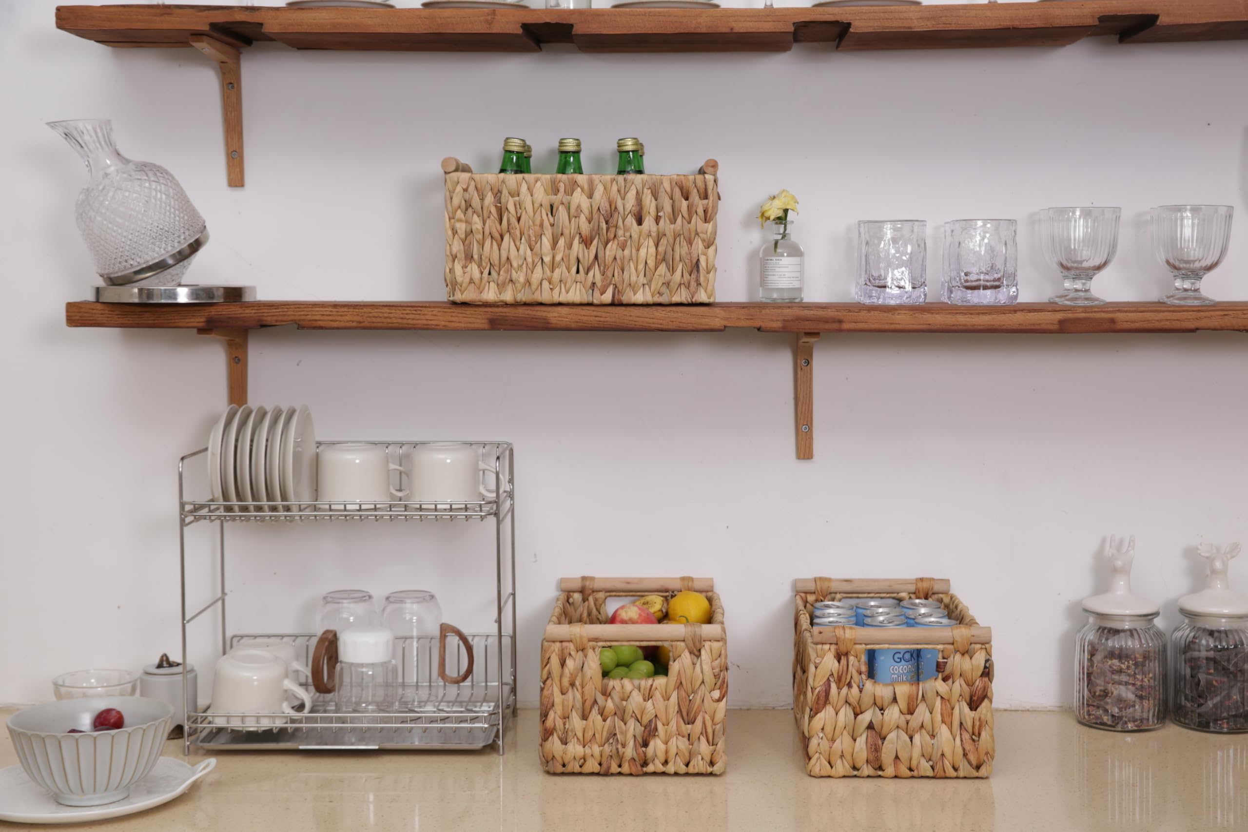 Natural Water Hyacinth Storage Basket with Handles - Large Woven Rattan Organizer for Shelves, Closet, Kitchen & Bathroom - Perfect for Home Decor, Toilet Tank Storage & Cabinet Organization