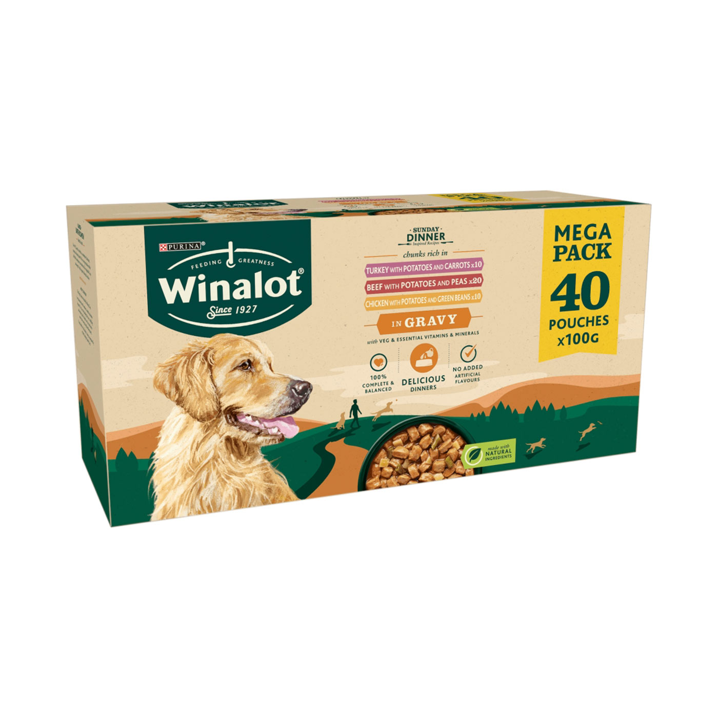 Purina Winalot Adult Dog Food - Sunday Dinner Beef, Chicken & Turkey in Gravy (40 x 100g Pouches) | High Protein Wet Food for Adult Dogs | Perfect for Mealtime, Training & Special Occasions