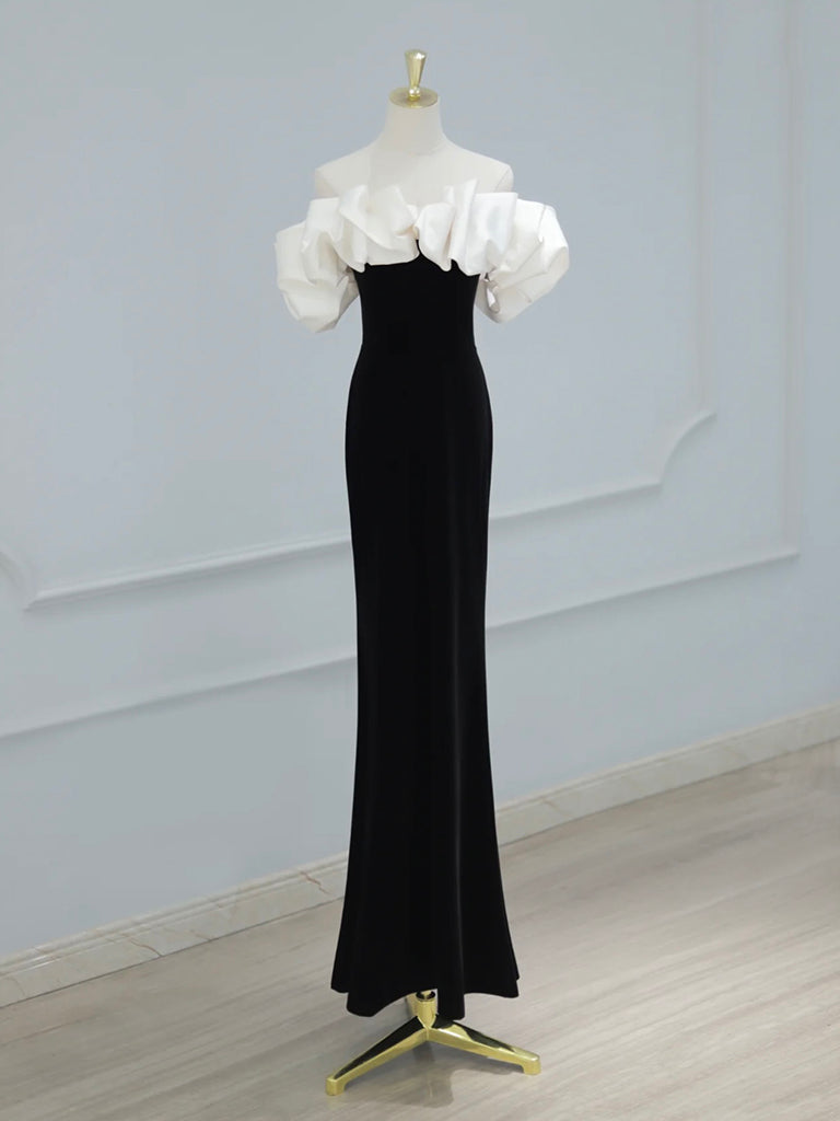 Elegant Black Velvet Satin Mermaid Off-Shoulder Long Prom Dress for Evening Parties, Homecoming, and Formal Events