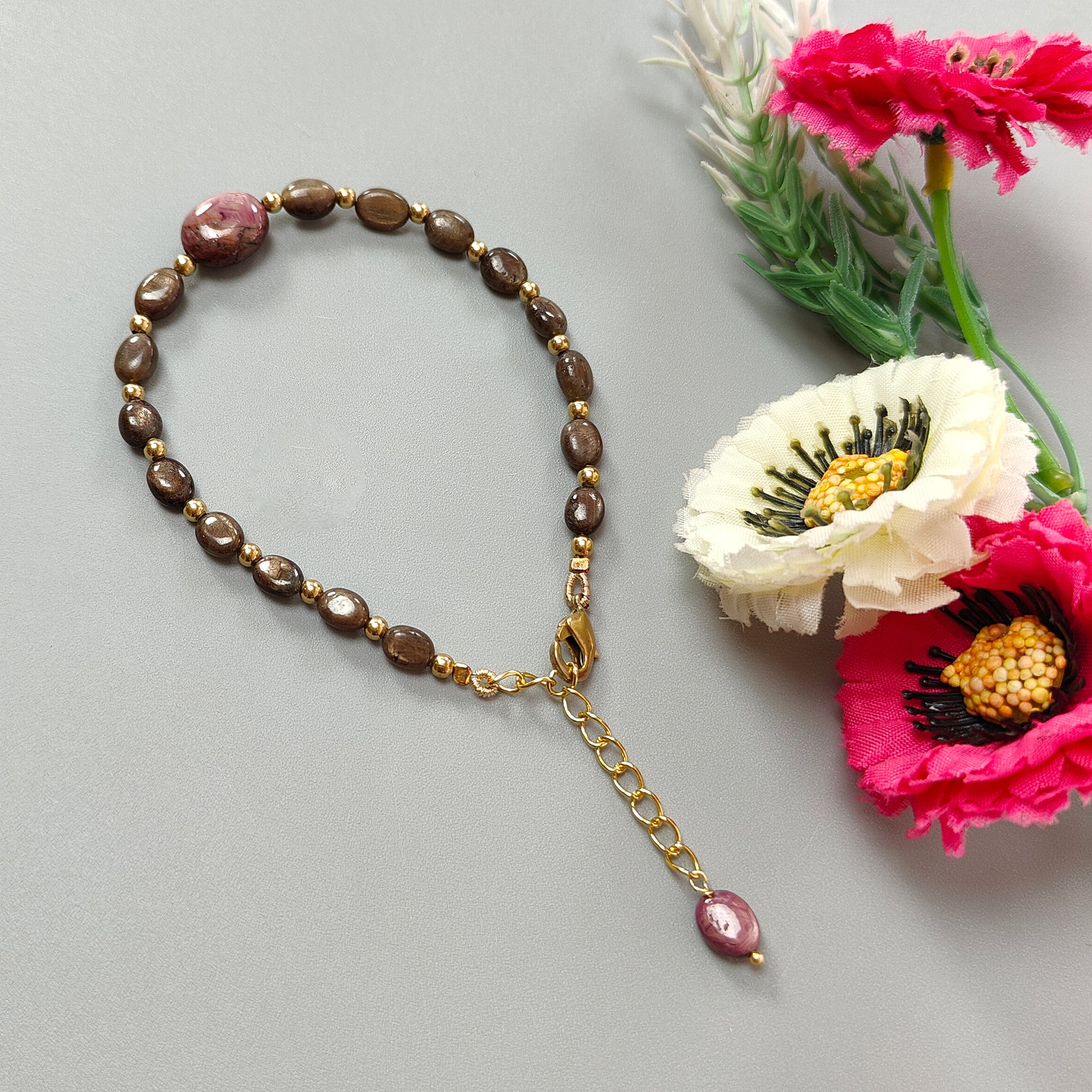 Natural Untreated Golden Brown Chocolate Sapphire Beads Bracelet with 44.40cts Ruby | 8*5mm & 12*10mm Oval Plain Brass Bracelet | Elegant Jewelry for Women, Gift for Her, Birthday, Anniversary, Party & Wedding Accessories