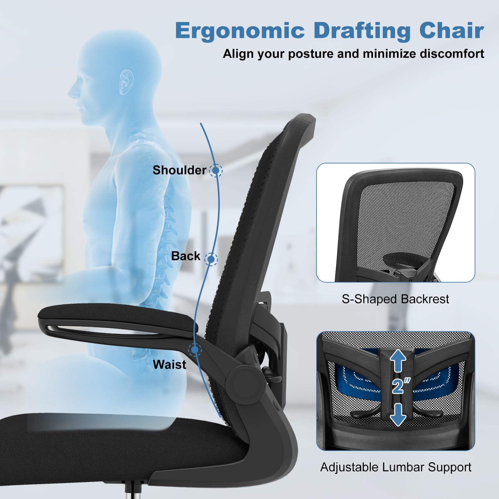 HAPPYGRILL Adjustable Height Drafting Chair with Armrests, Footrest & Lumbar Support - Ergonomic Standing Desk Chair for Home Office, Computer Work & Creative Studios (Black)