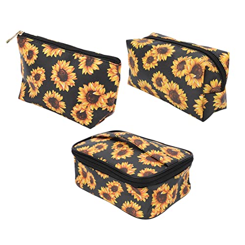 Sunflower Makeup Bags Set of 3 with Gold Zipper - Waterproof Travel Toiletry Organizer for Cosmetics, Scratch Resistant & Space Saving - Perfect for Vacation, Gym, and Daily Essentials Storage