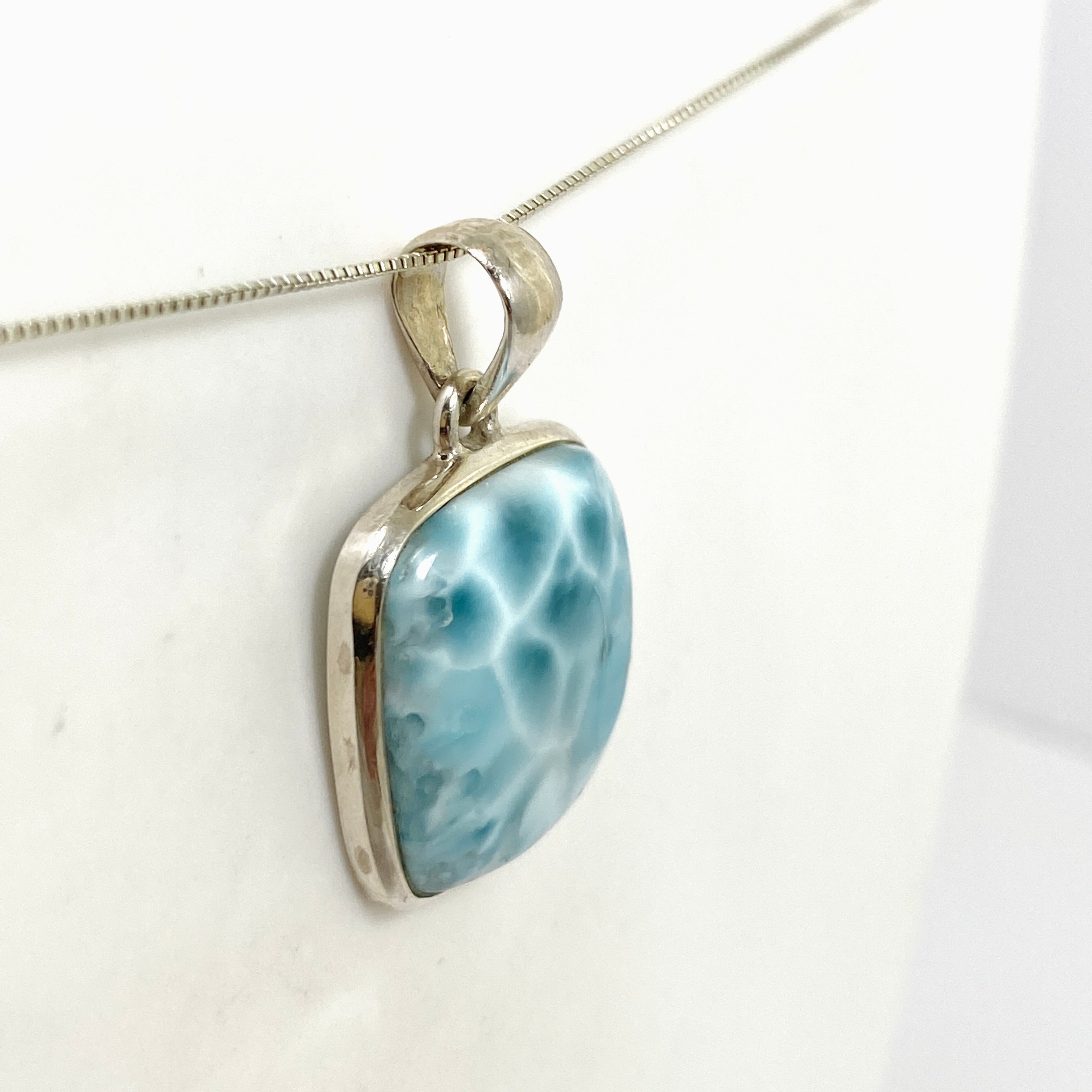Natural Larimar Square Cabochon Pendant Necklace - Handmade Blue Stone Jewelry for Women - Perfect for Beach Vacation, Boho Style & Gift Giving