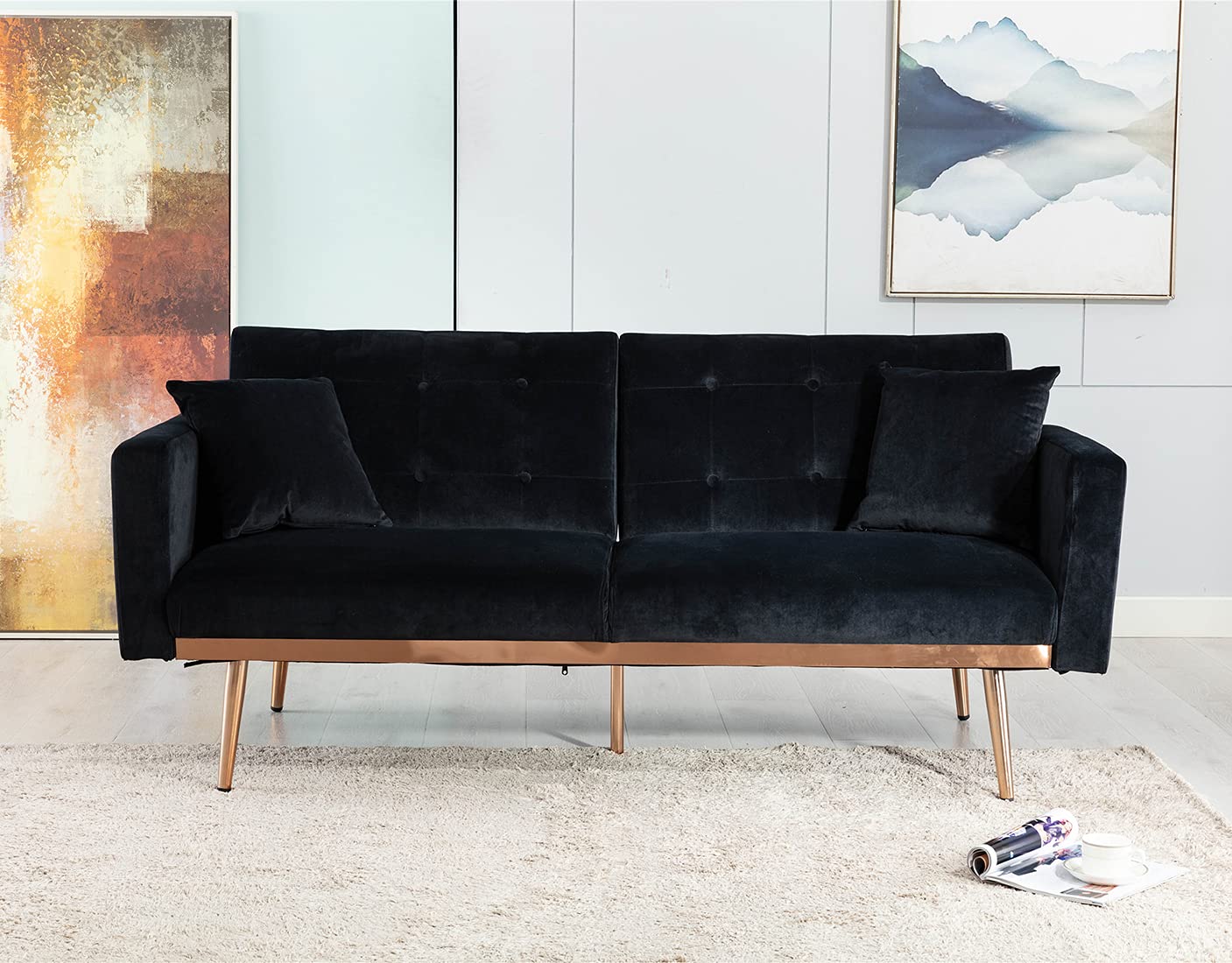 Modern Velvet Futon Sofa Bed - Convertible Sleeper Sofa with Pillows, Small Couch for Living Room, Apartment & Guest Room, Black - Perfect for Small Spaces, Studio Apartments & Overnight Guests