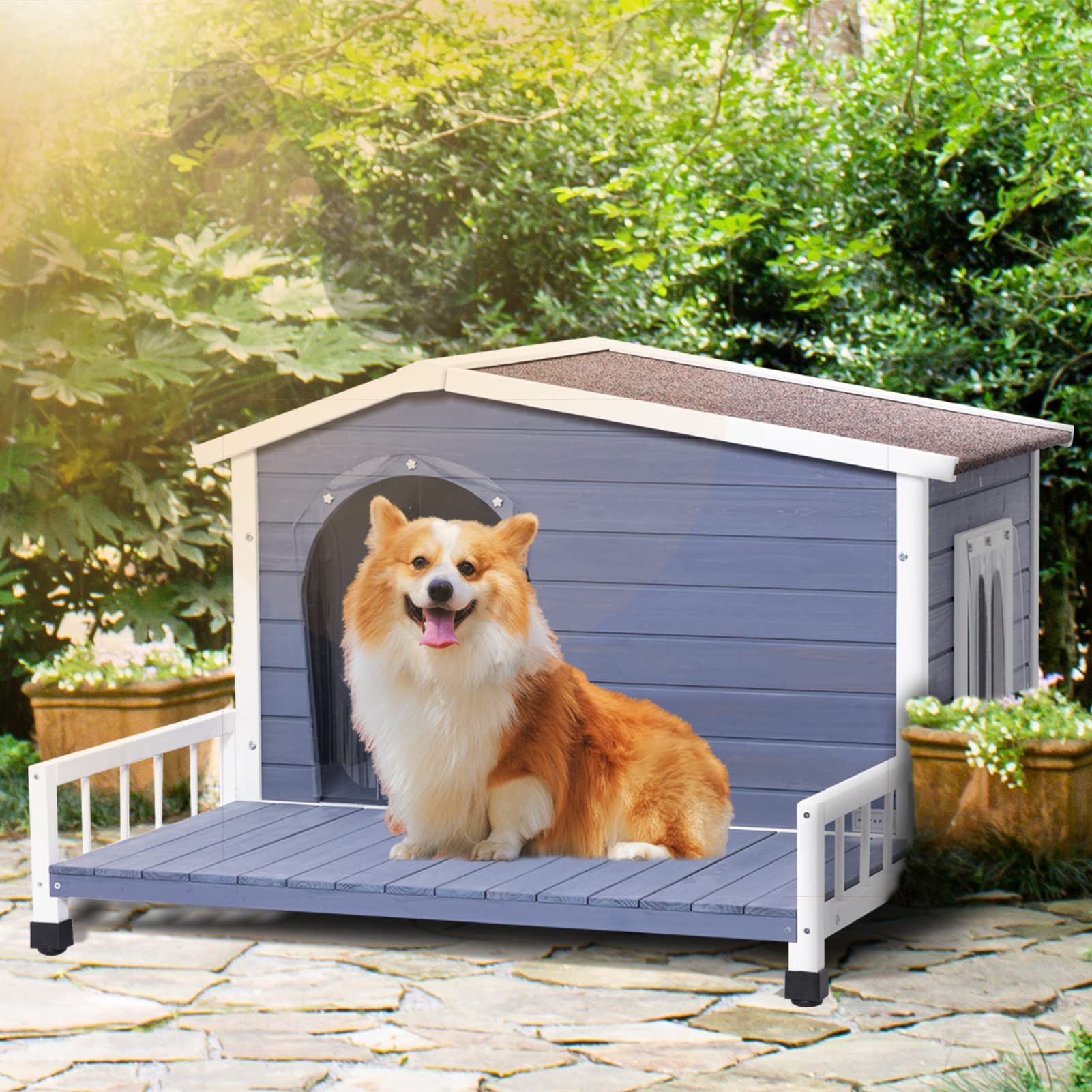 Petsfit Outdoor Dog House with Terrace & Removable Asphalt Roof - 40