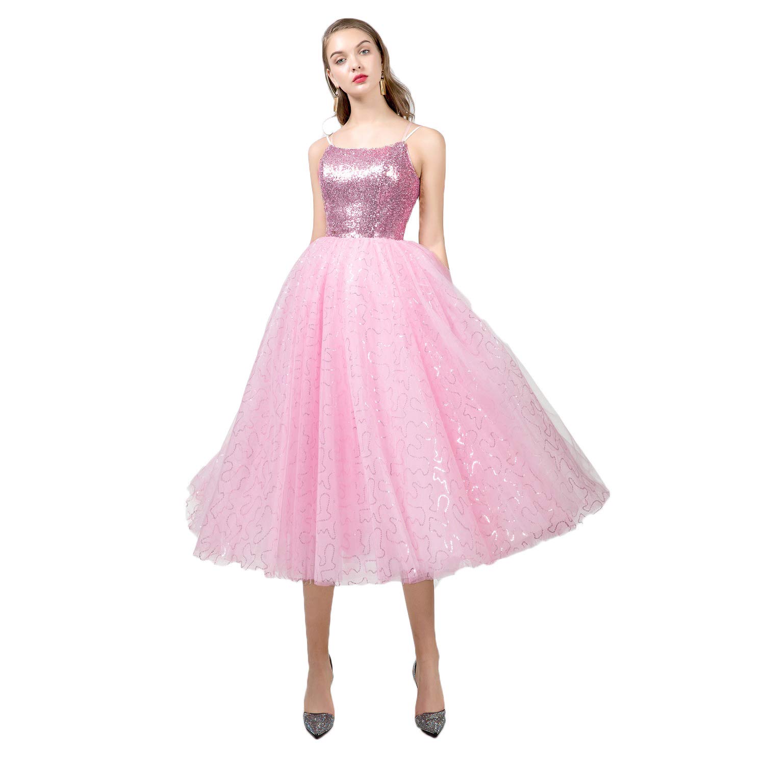 OYISHA Women's Sparkling Sequin Prom Dress Tea-Length Formal Gown with Tulle Skirt for Quinceañera, Homecoming, Wedding Party | Elegant Ball Gown for Special Occasions