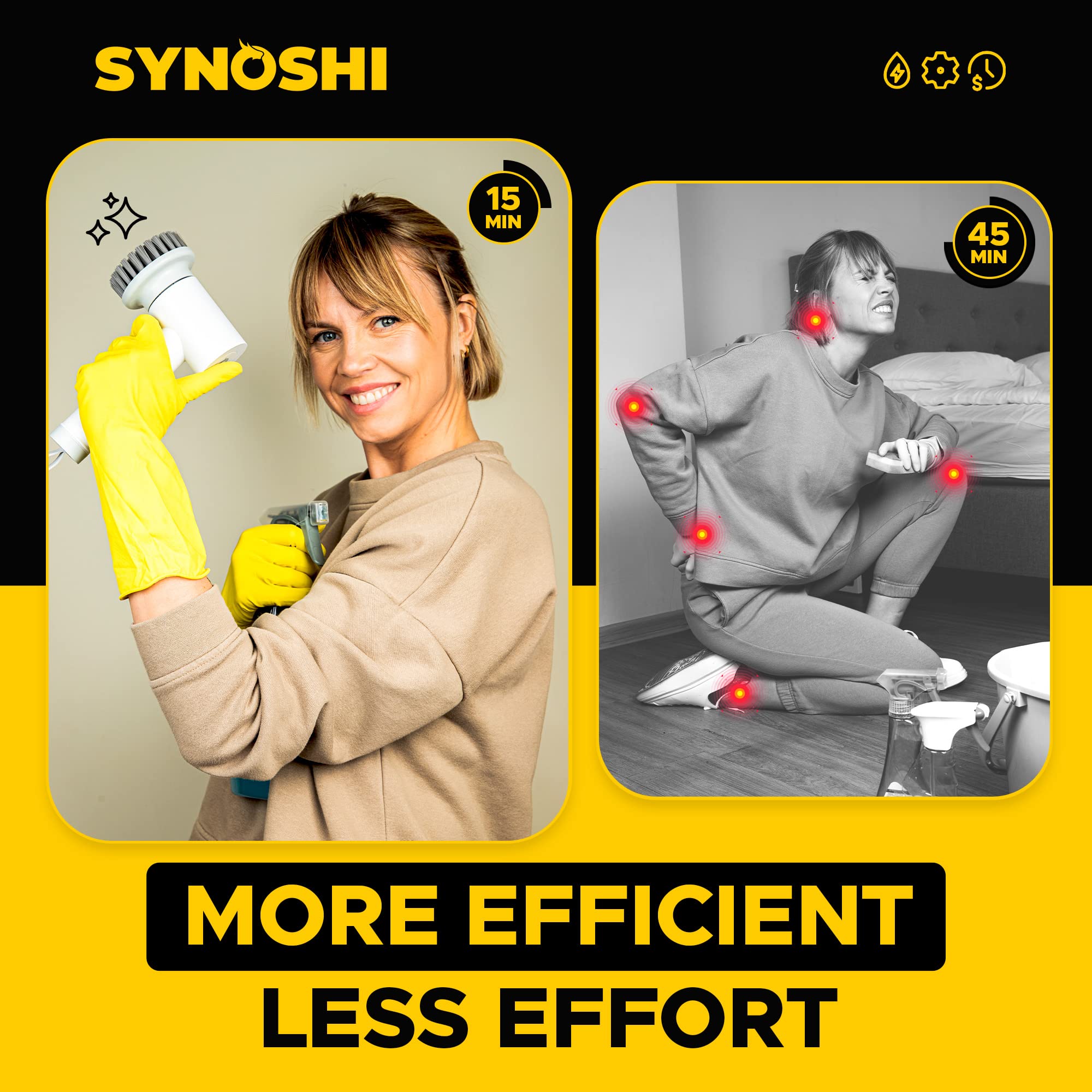 SYNOSHI Cordless Electric Spin Scrubber - Waterproof Power Cleaning Brush with 3 Replaceable Heads & Dual Speed Settings - Perfect for Bathroom Tiles, Shower, Bathtub, Kitchen, Car Detailing & Floor Cleaning - Effortless Deep Cleaning for Tough Stains & Grime