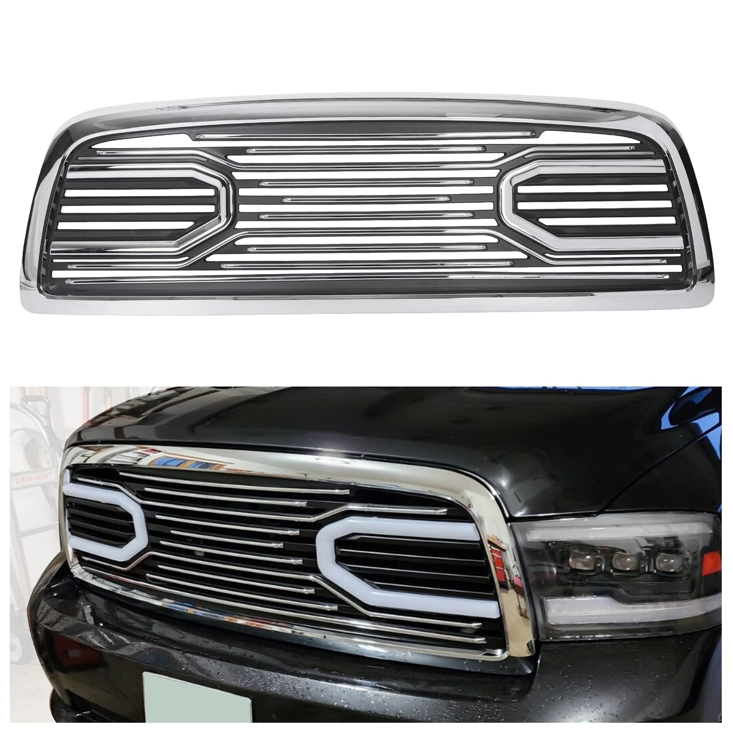 ECOTRIC Chrome Front Bumper Grill Replacement for 2009-2012 Dodge Ram 1500 | Hood Grille Shell Without Lights | Perfect for Off-Roading & Truck Customization
