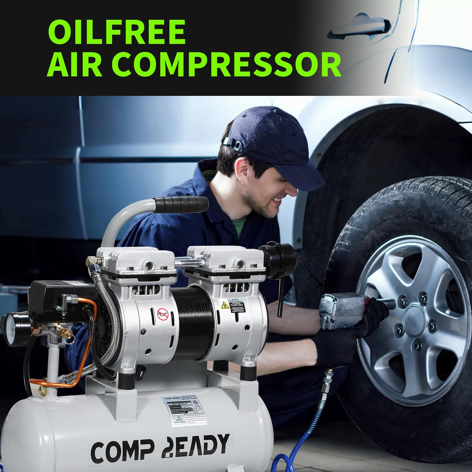 6 Gallon Portable Air Compressor | 1HP 2.5 CFM@90PSI Ultra Quiet Oil-Free Compressor (60dB) | Ideal for Tires, Pneumatic Tools, Spray Painting | Perfect for Home Garage, Auto Repair & DIY Projects