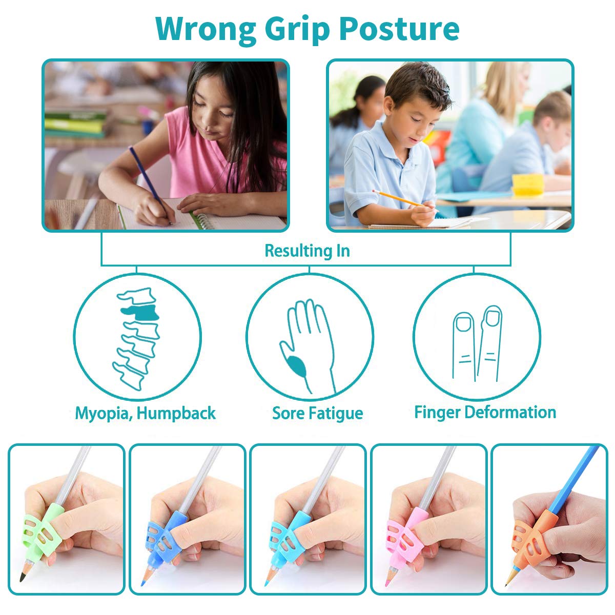 Ergonomic Pencil Grips for Kids - 5PCS Writing Aid Grip Trainer Set | Improve Handwriting & Correct Pencil Posture | Ideal for Classroom, Homework & Occupational Therapy