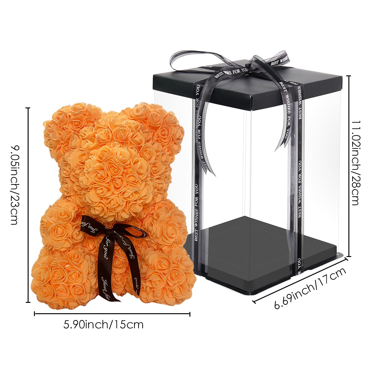 Rose Teddy Bear Gift - Romantic Rose Flower Bear for Wife, Girlfriend, Wedding, Valentine's Day, Anniversary, Birthday, Mother's Day - Perfect for Proposals, Surprise Gifts & Special Occasions (Orange)