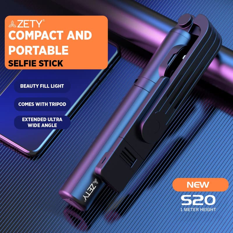 Zety (S20) 40 Inch / 103cm Extendable Selfie Stick Tripod with Bluetooth Remote & LED Light - Multi-Purpose Phone Stand for Travel, Vlogging, Photography & Group Photos