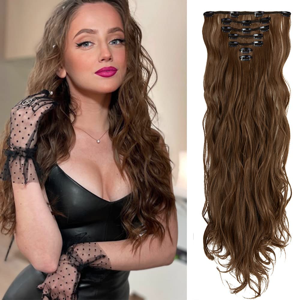 24 Inch Wavy Curly Clip-in Hair Extensions - 7 Piece Double Weft Synthetic Hair Set with 16 Clips (160g) - Ash Blonde Ginger Mix for Volume & Length - Perfect for Parties, Weddings & Daily Styling