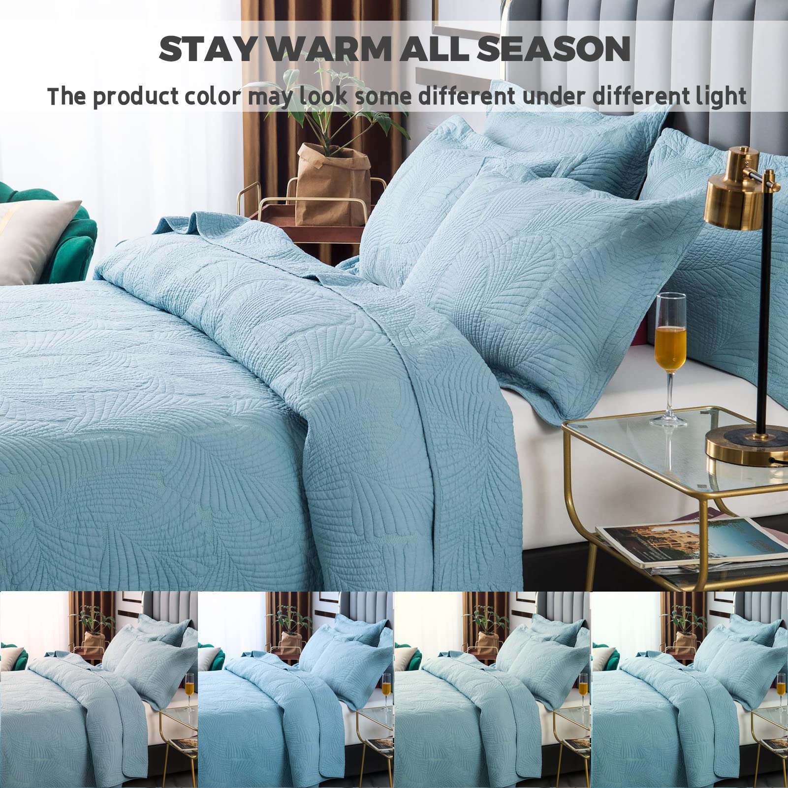 Blue Queen & King Size Reversible 3-Piece Quilt Set with Pillow Shams | Ultrasonic Quilting Technology | Soft, Wrinkle & Pilling Resistant Bedspread Coverlet | Pink & Blue Options | Perfect for Master Bedroom, Guest Room & Cozy Home Decor