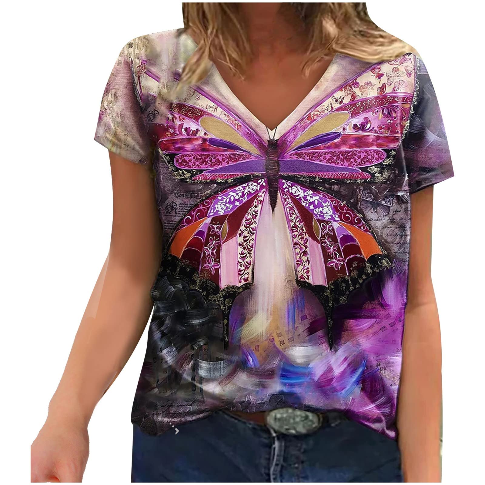 Women's Casual Short Sleeve V-Neck Print Pullover Tops - Summer Fashion Color Contrast Blouse for Easter, Work & Weekend Outfits
