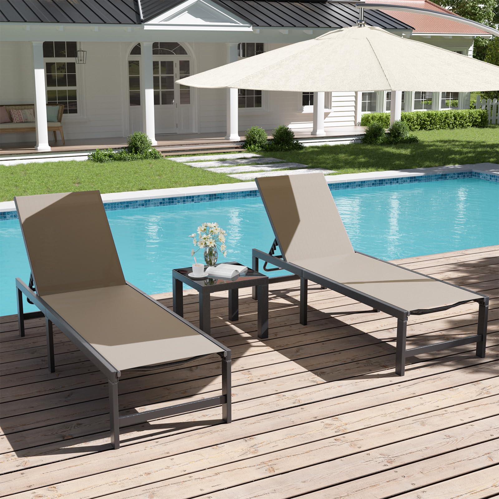 UDPATIO 3-Piece Outdoor Chaise Lounge Set with Adjustable Sun Lounger & Table - Patio, Poolside, Beach, and Yard Furniture for Relaxing & Sunbathing (Brown) - Perfect for Backyard, Resort, and Vacation Home Use