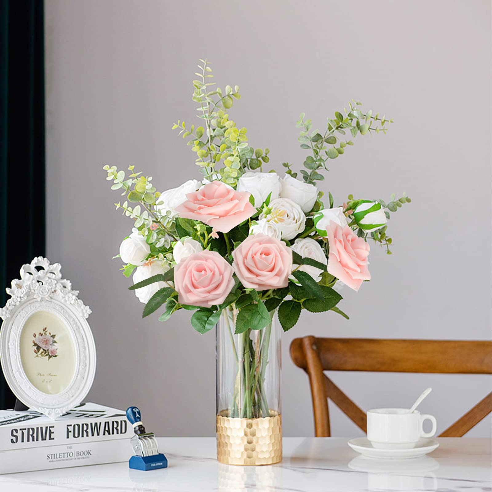 50Pcs Light Pink Artificial Foam Roses with Stems - Bulk Fake Flowers for Wedding Centerpieces, Bridal Shower Decor, Table Arrangements - Perfect for Home, Office & Event Decorations