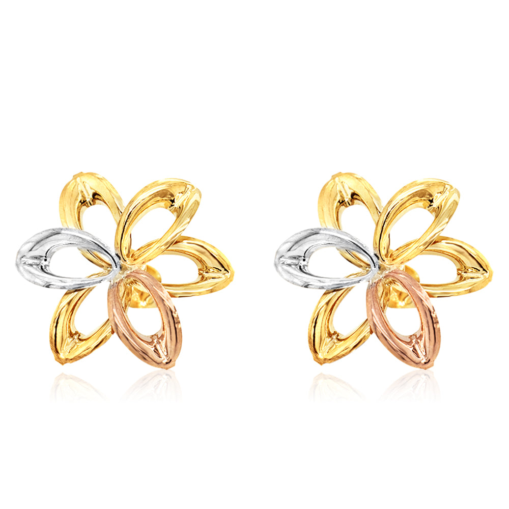 9ct Three-Tone Gold Flower Cutout Stud Earrings for Women - Elegant Floral Design Jewelry for Everyday Wear & Special Occasions