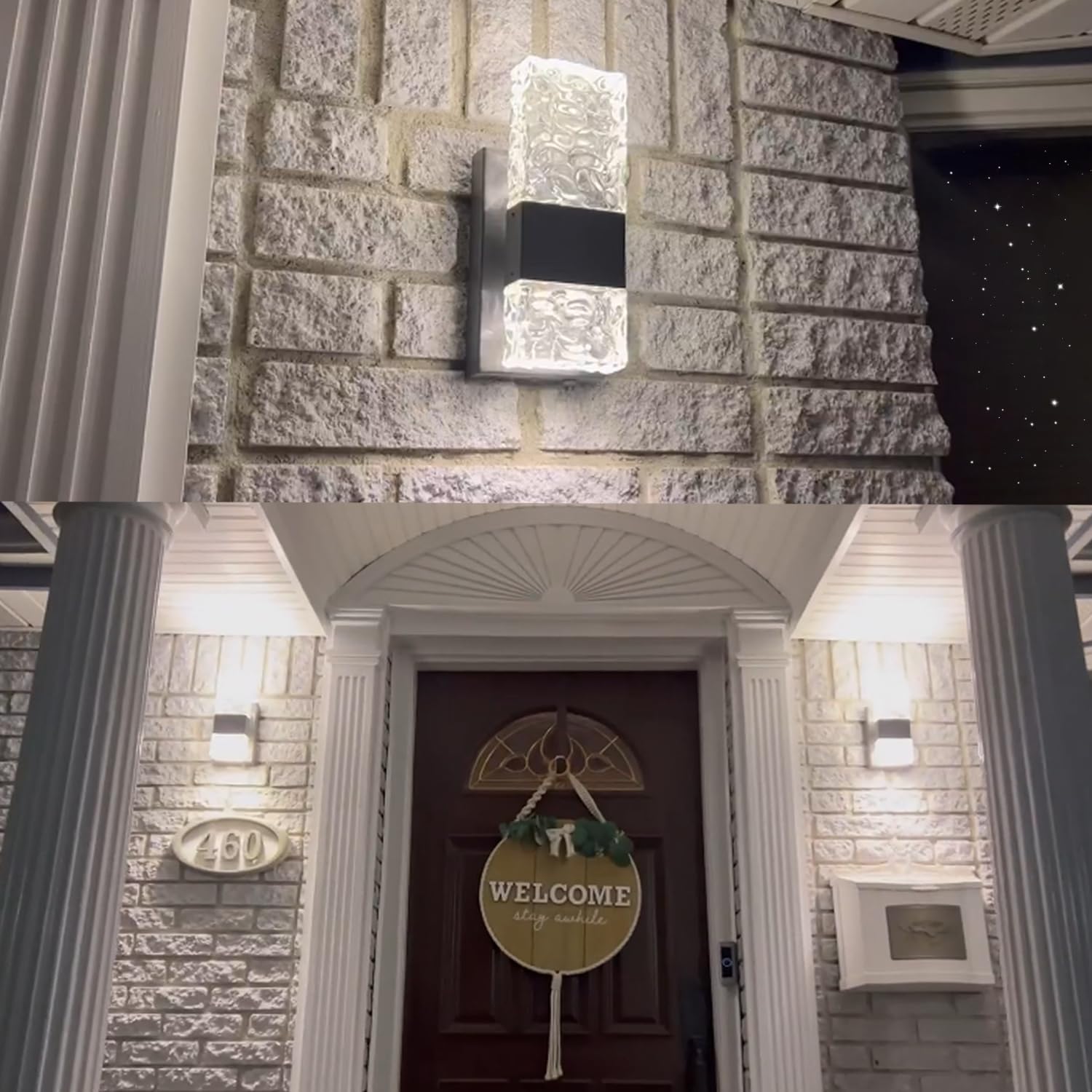 Modern Waterproof LED Outdoor Wall Sconce Lights - Dusk to Dawn Up/Down Porch Lighting with Ripple-Textured Crystal Glass - Exterior Wall Mount Fixtures for House, Garage, Patio & Garden (Weatherproof for All Seasons)