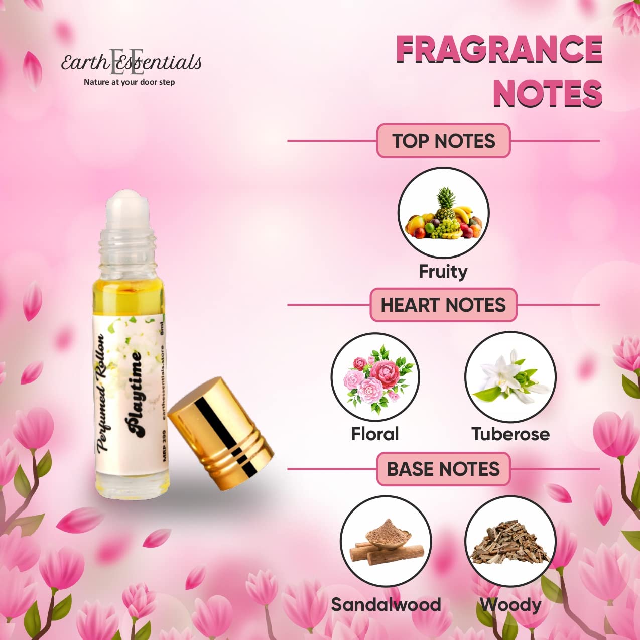Earth Essentials Playtime Natural Roll-On Body Perfume - Jasmine & Tuberose Scent for Men & Women | Long-Lasting Attar Fragrance (8ml) | Perfect for Daily Wear, Date Nights & Special Occasions